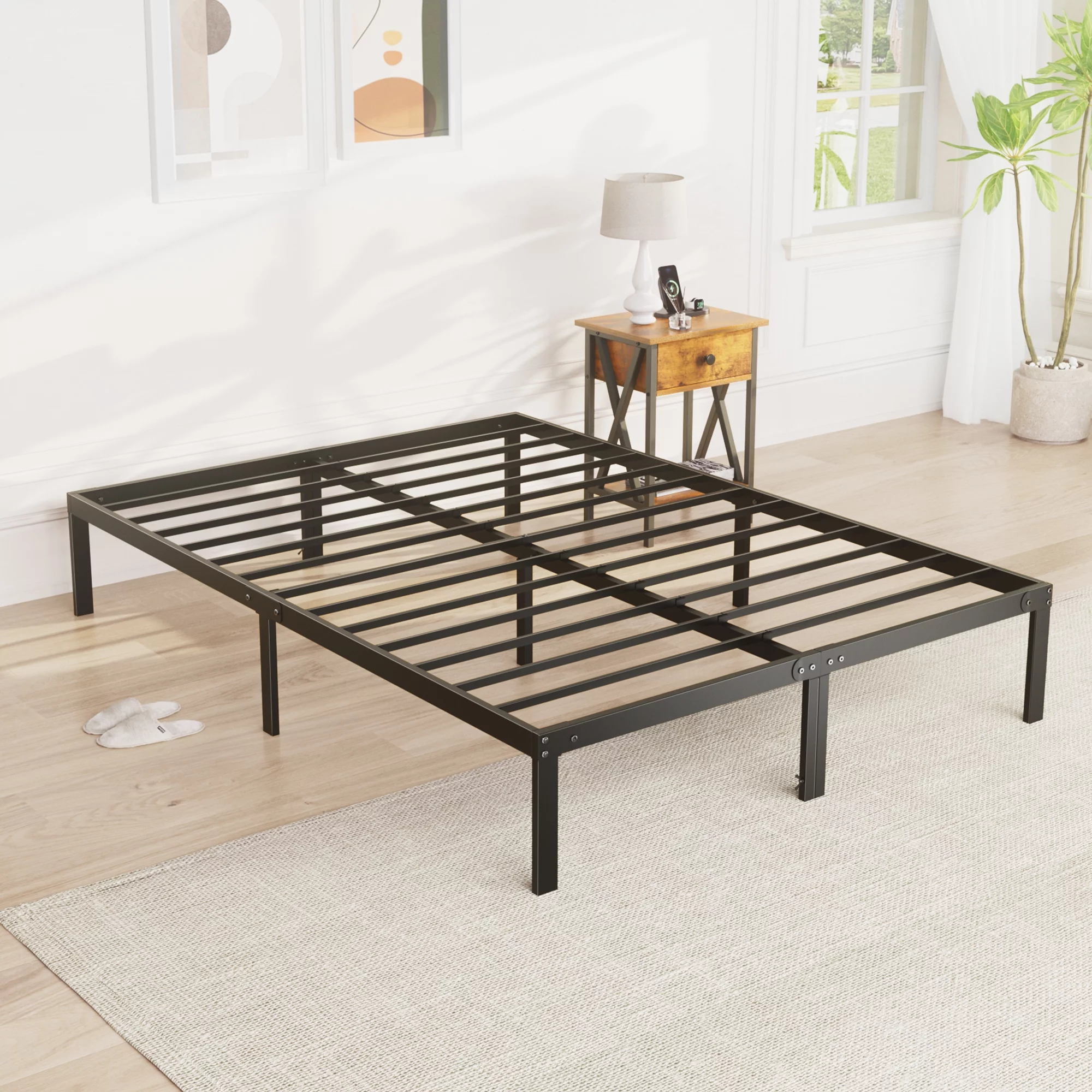 Bed Frame - Full Size Heavy Duty Platform Bed with Underbed Storage, 14-Inch High Steel Slat Support, Non-Slip Design, No Box Spring Required - Womvr