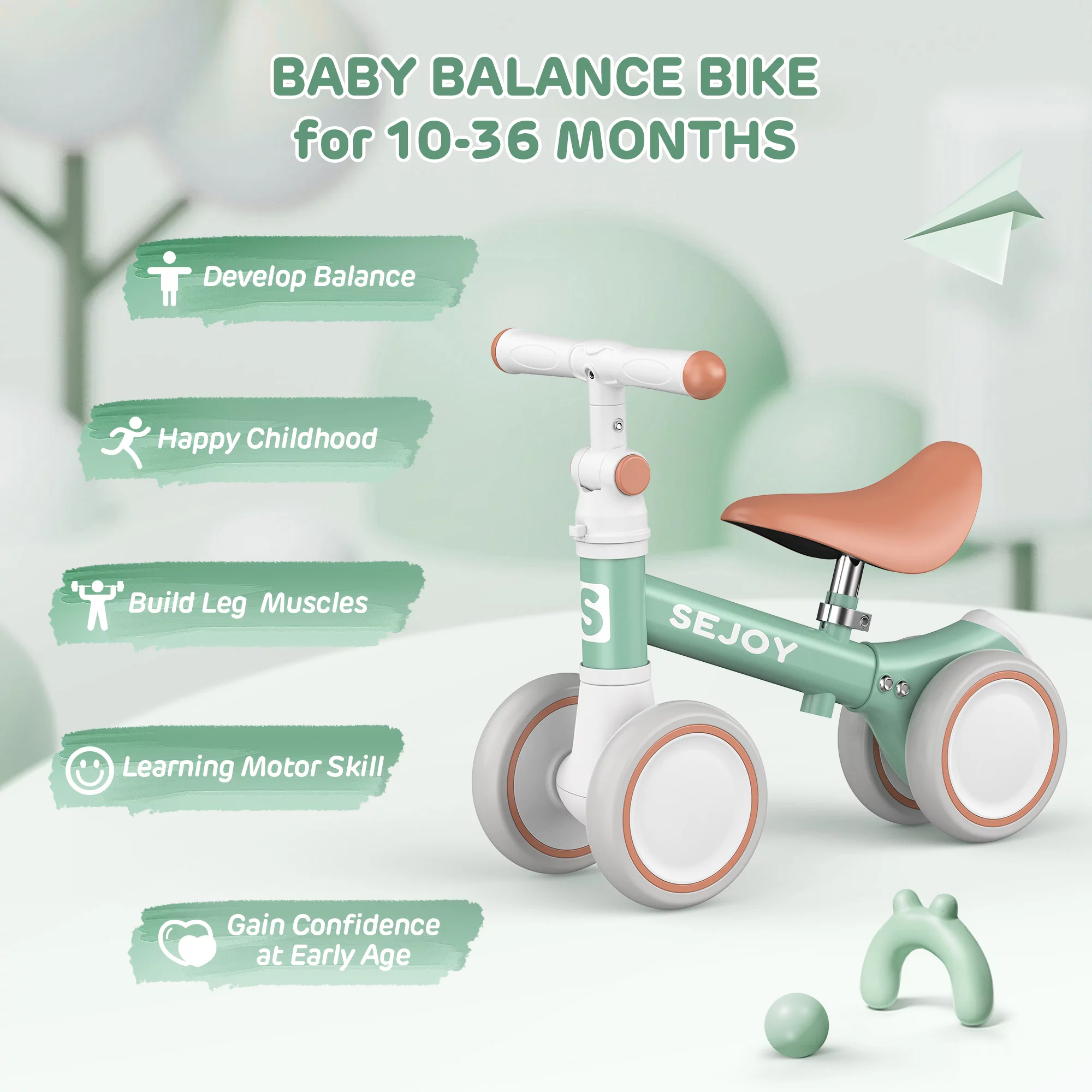 Sejoy Baby Balance Bike, Toddler Baby Bicycle with 4 Wheels for 10-36 Months, Adjustable Handlebar Baby Outdoor Bike Riding Toy, First B-day Gift - Womvr