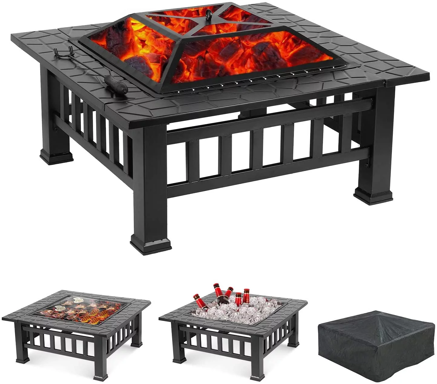 LAZY BUDDY Steel Fire Pits for Outside, 32'' Square Wood Burning Fire Pit Table, Outdoor Patio BBQ Firepit Bonfire Party - Womvr