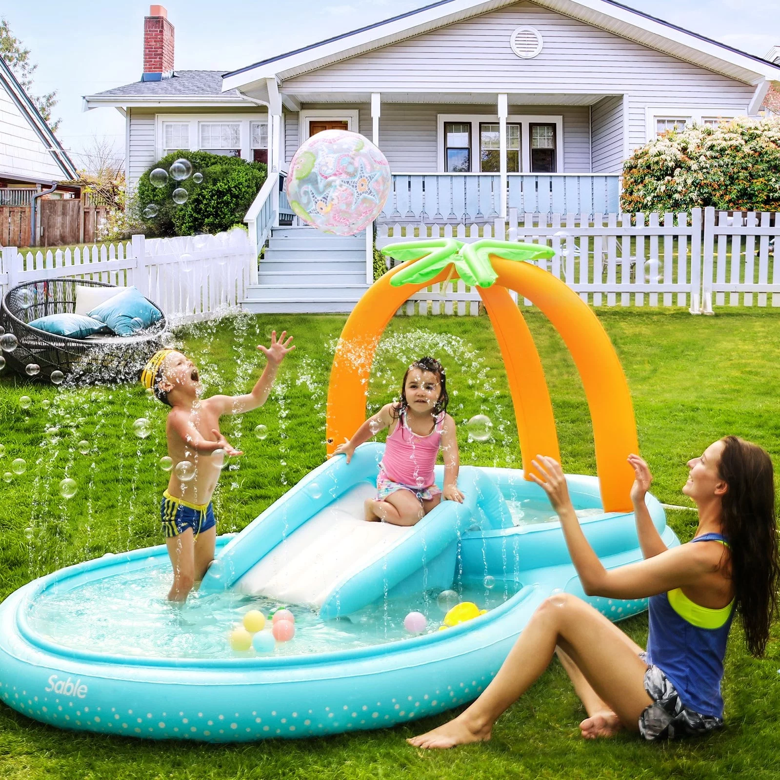 Sable Inflatable Play Center Wading Pool with Slide for Kids, Family Children Garden Backyard Pool, 111 x 70 x 61 inch - Womvr