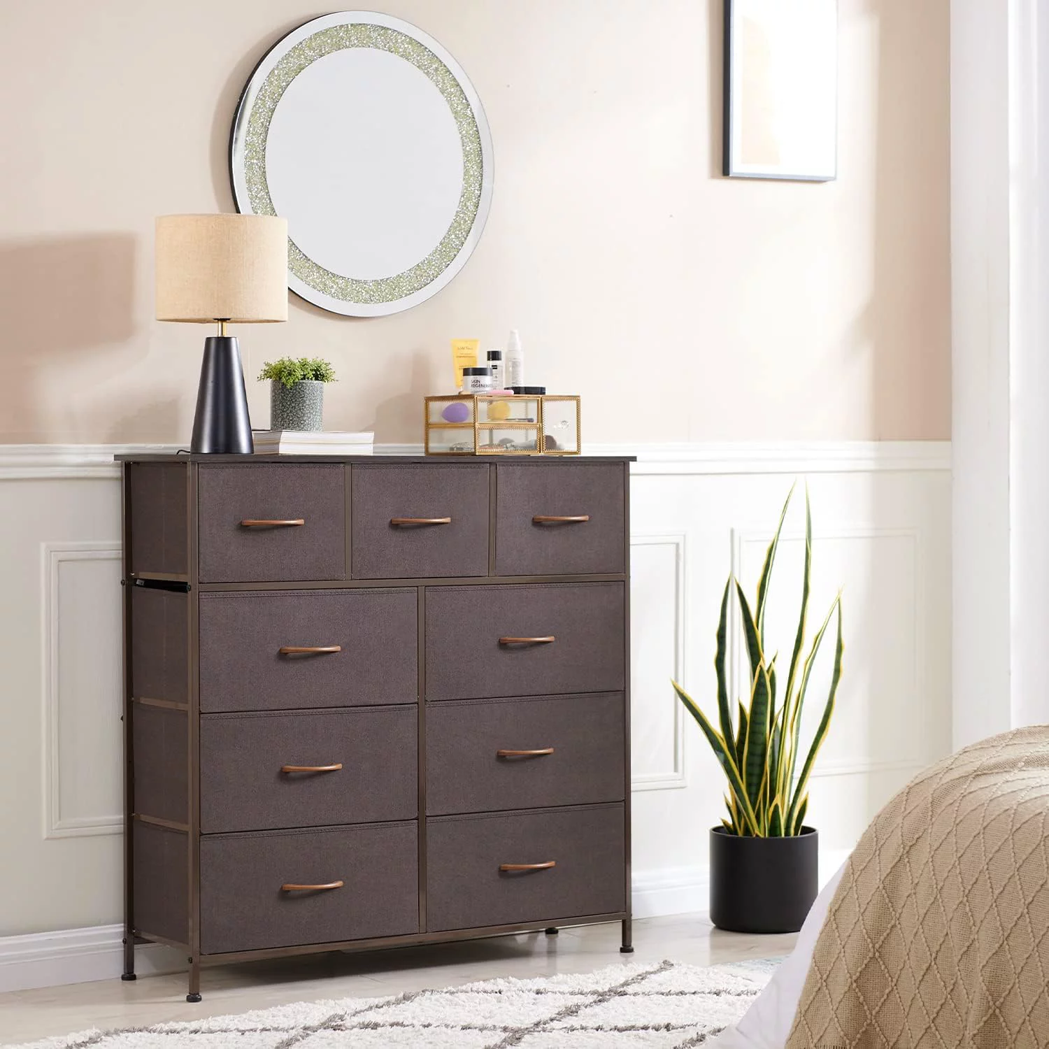 Somdot Dresser, 9-Drawer Fabric Storage Tower for Bedroom, Nursery, Entryway, Closets, Tall Chest Organizer Unit with Large Capacity Fabric Bins - Womvr