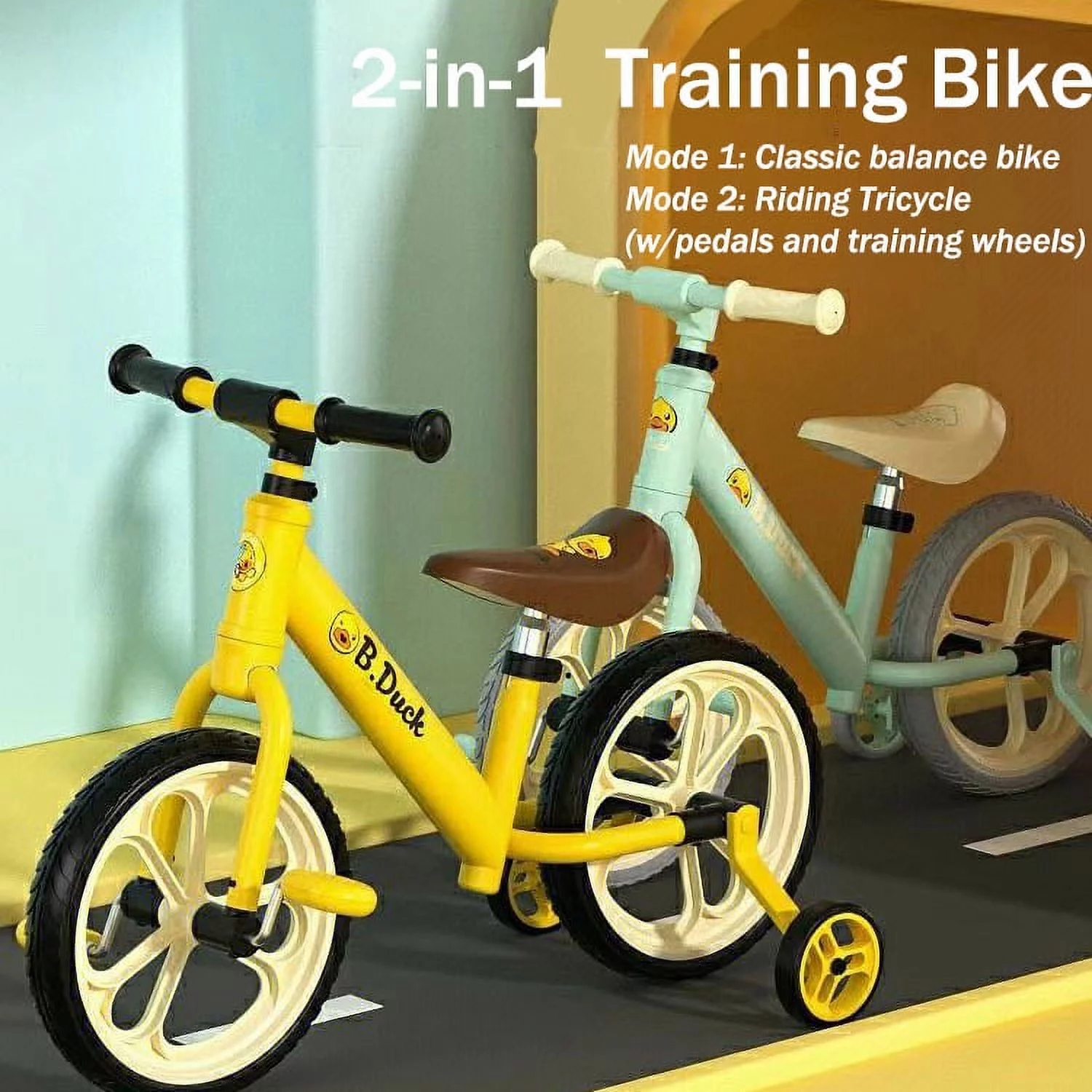 Luddy B.Duck Co-branded Edition Kids 2-in-1 Kids Balance Bike with Pedals and Training Wheels Options for Tricycle, Gift for Toddlers Green - Womvr