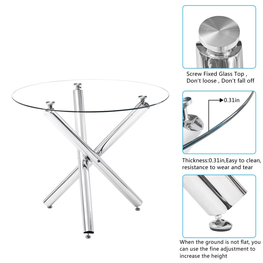 Ktaxon 5 Piece Round Dining Table Set, Modern Kitchen Table and Chairs for 4 Person Clear Tempered Glass Top - Womvr
