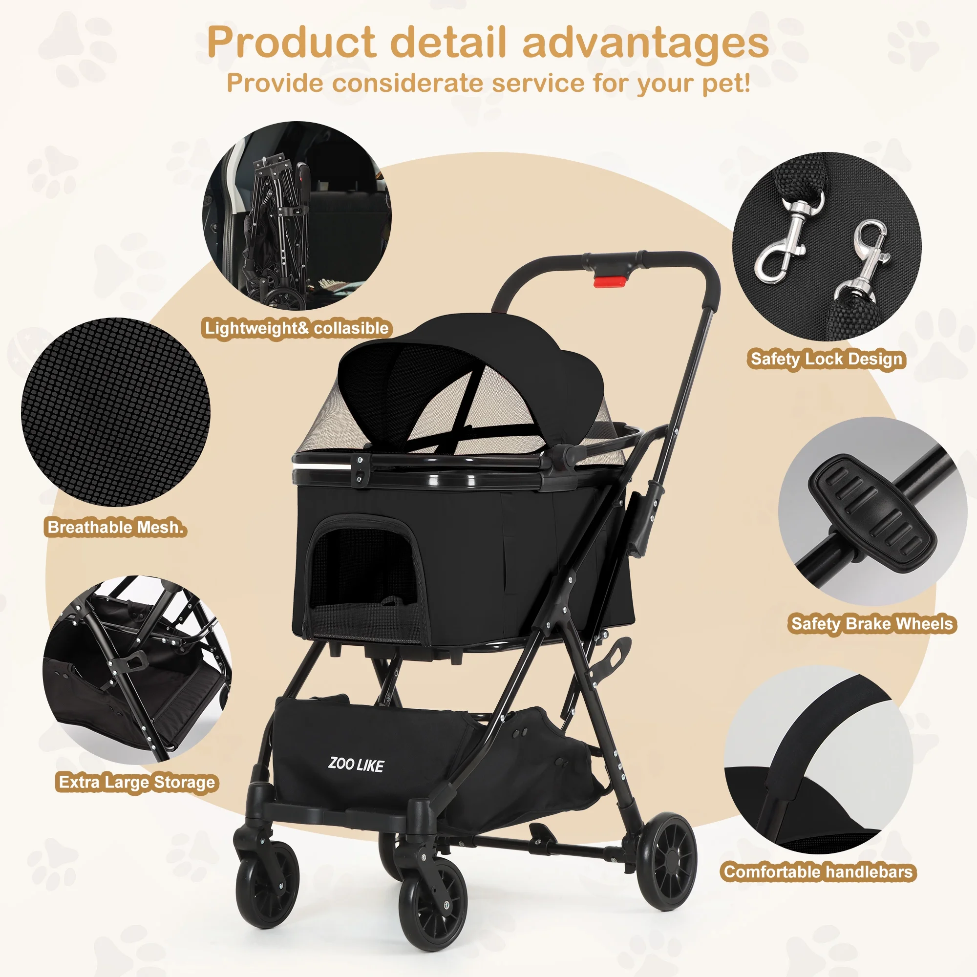 Zoolike Pet Stroller, Dog Cat Stroller 3-in-1 Detachable Doggy Stroller for Small Medium Dogs 4 Wheel Dog Travel Jogger Cart Cat Walker Foldable Wagons for Doggy Rabbit Puppy, Gray - Womvr