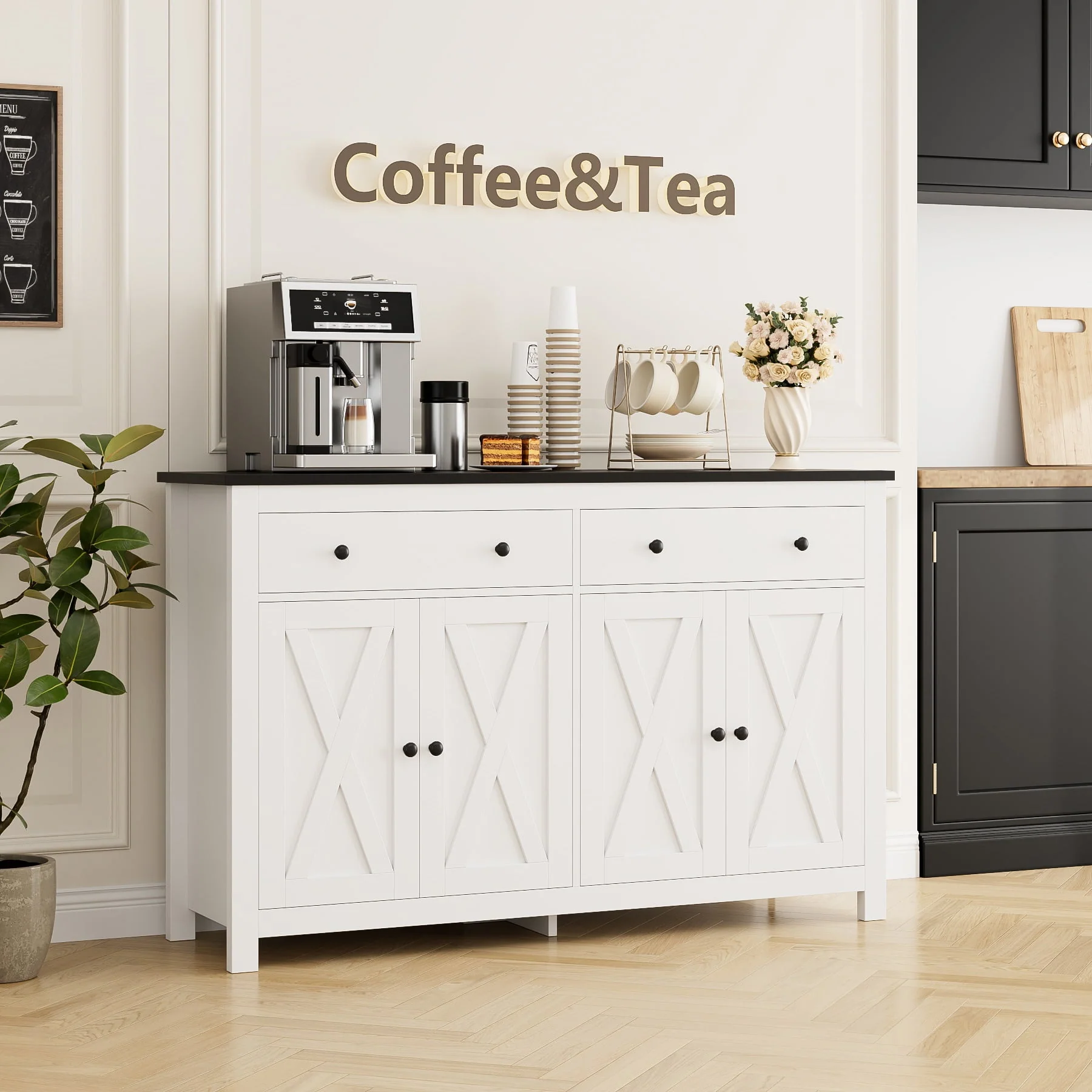 Homfa 4-Doors 2-Drawers Farmhouse Storage Cabinet, Wood Sideboard with Adjustable Shelves for Kitchen Dining Room, White - Womvr