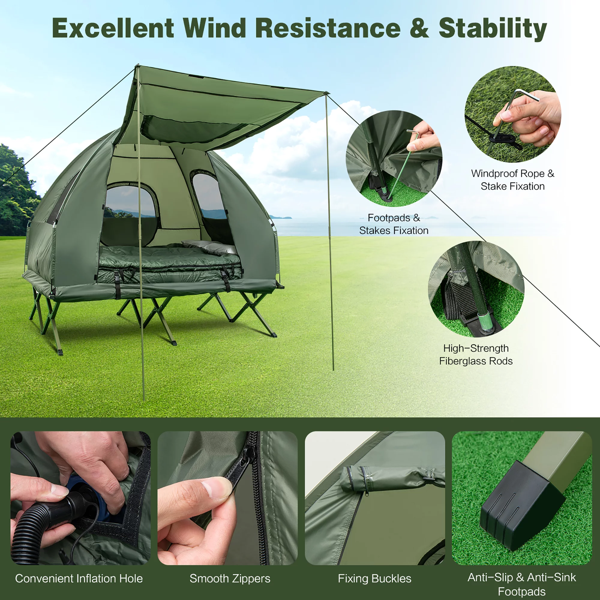 Gymax 2-Person Compact Portable Pop-Up Tent/Camping Cot w/ Air Mattress & Sleeping Bag - Womvr