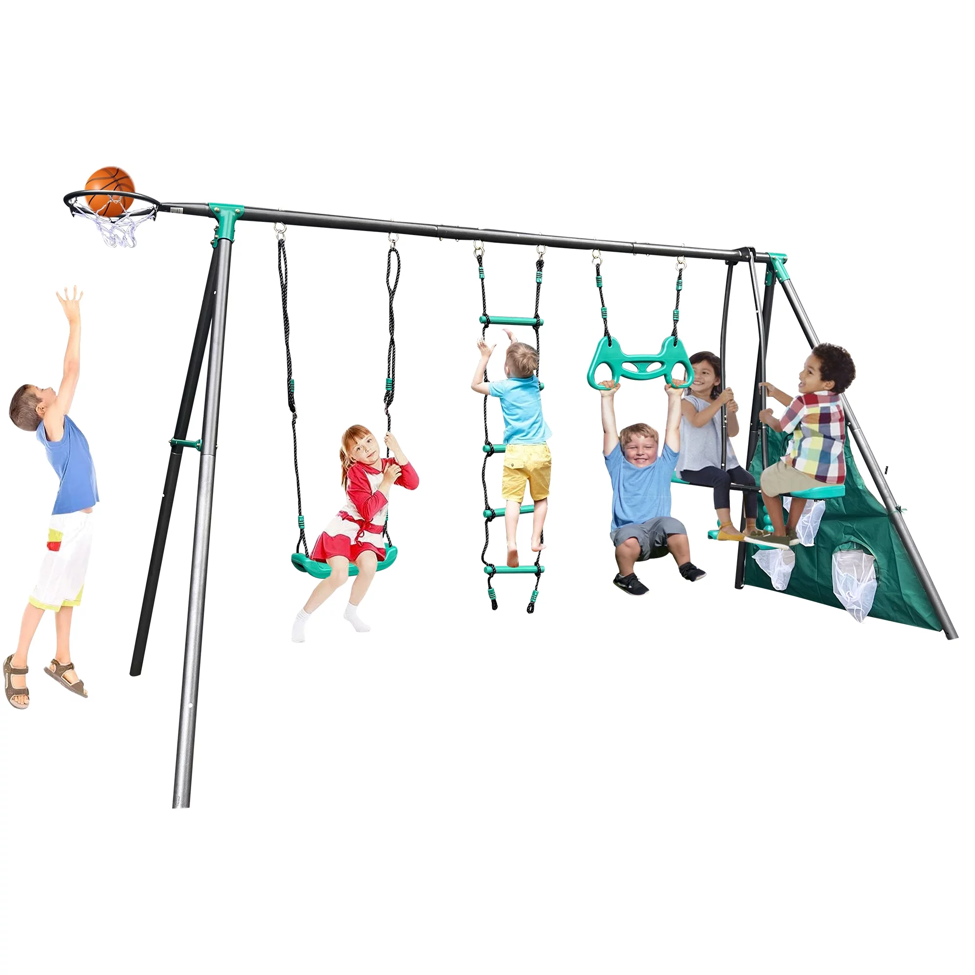 5 in 1 Metal Swing Set for Outside, Kids Backyard Swing Set with Swing Chair, Slide, Glider, Ground Nail, Outdoor Backyard Playground Swing Sets for 3-8 Year, Max Weight 700 lbs - Womvr
