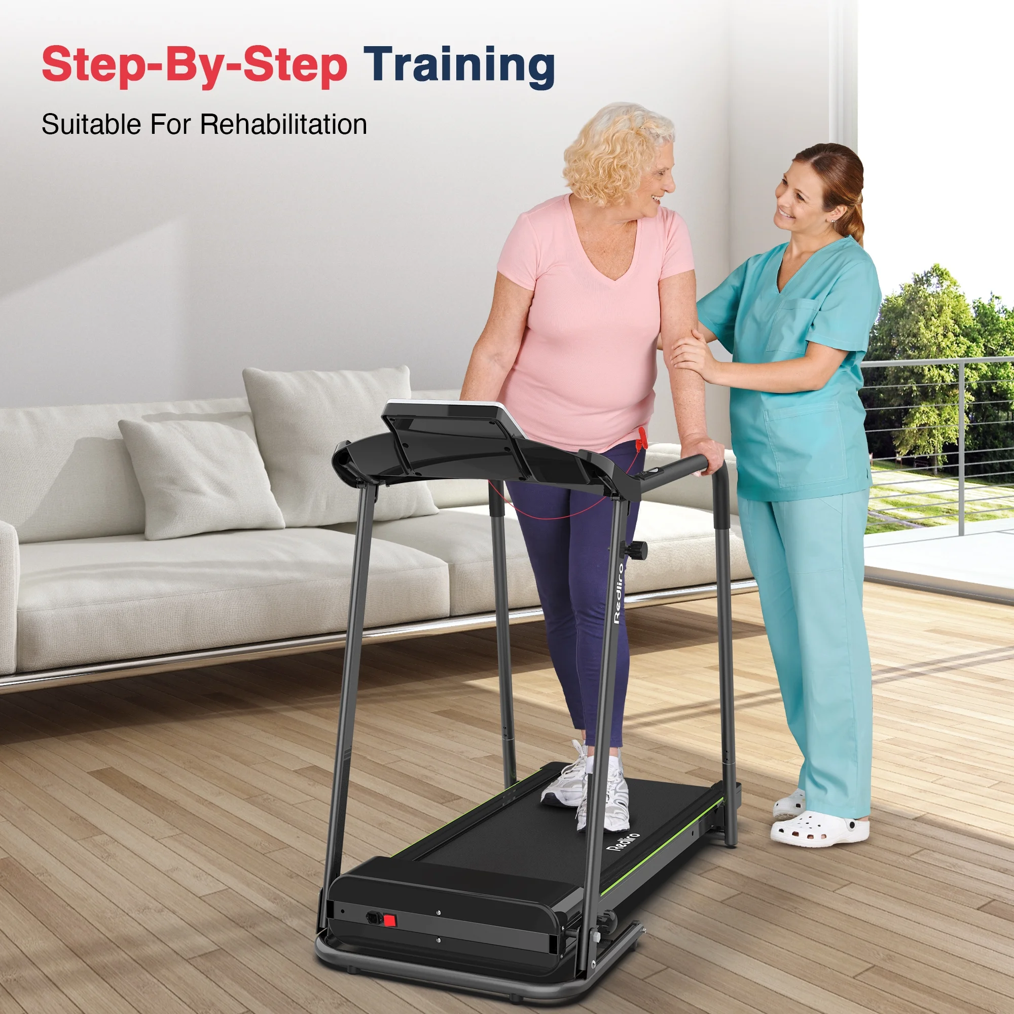 Redliro Folding Treadmill Walking Machine Heart Rate Sensor Handrails for Senior Recovery Home 2.25HP 300lbs - Womvr