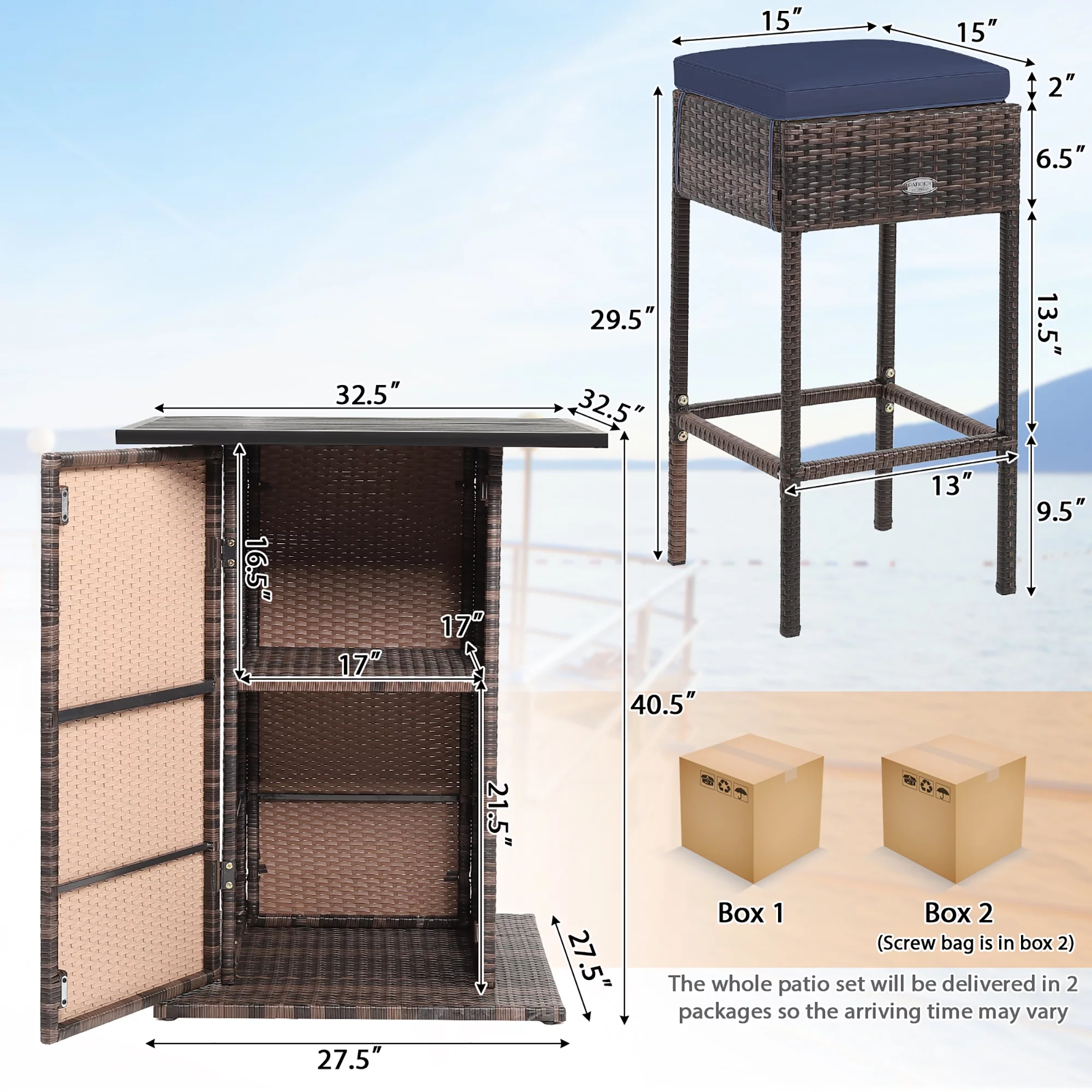 Gymax 5PCS Patio Bar Set Rattan Bar Furniture Set w/ Table & 4 Cushioned Stools Navy - Womvr