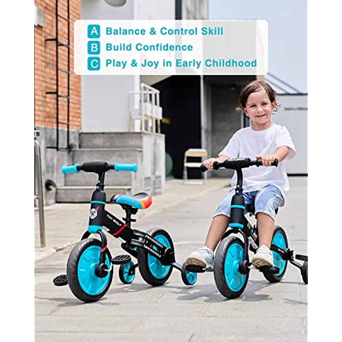 Ubravoo 4-in-1 Tiny Scout Balance Bike for Kids from 3 4 5 Years, Rear Double Rod,Blue - Womvr