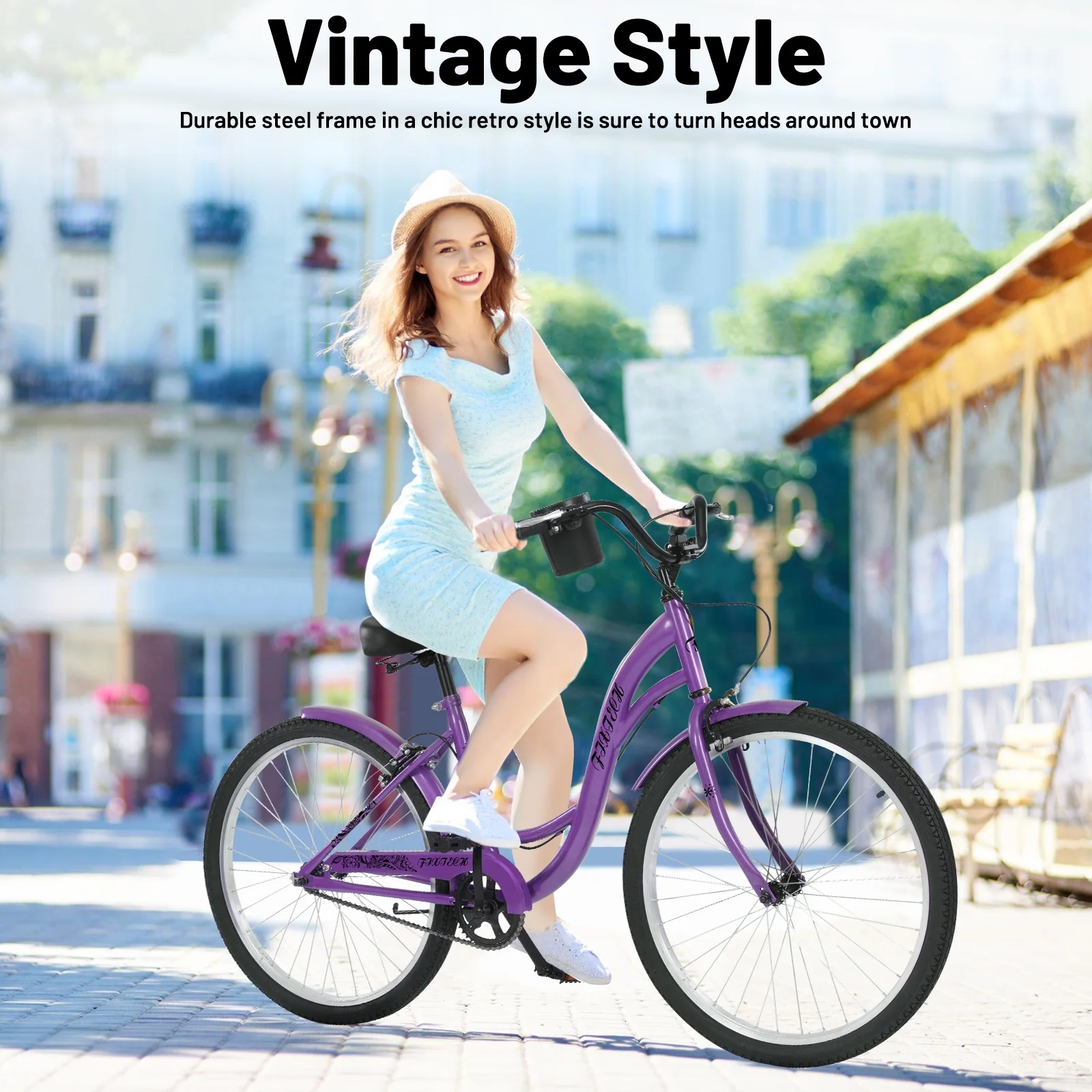 FIXTECH 7 Speed Foldable Comfort Cruiser Bike, 26 inch with Basket for Women and Girls, White - Womvr