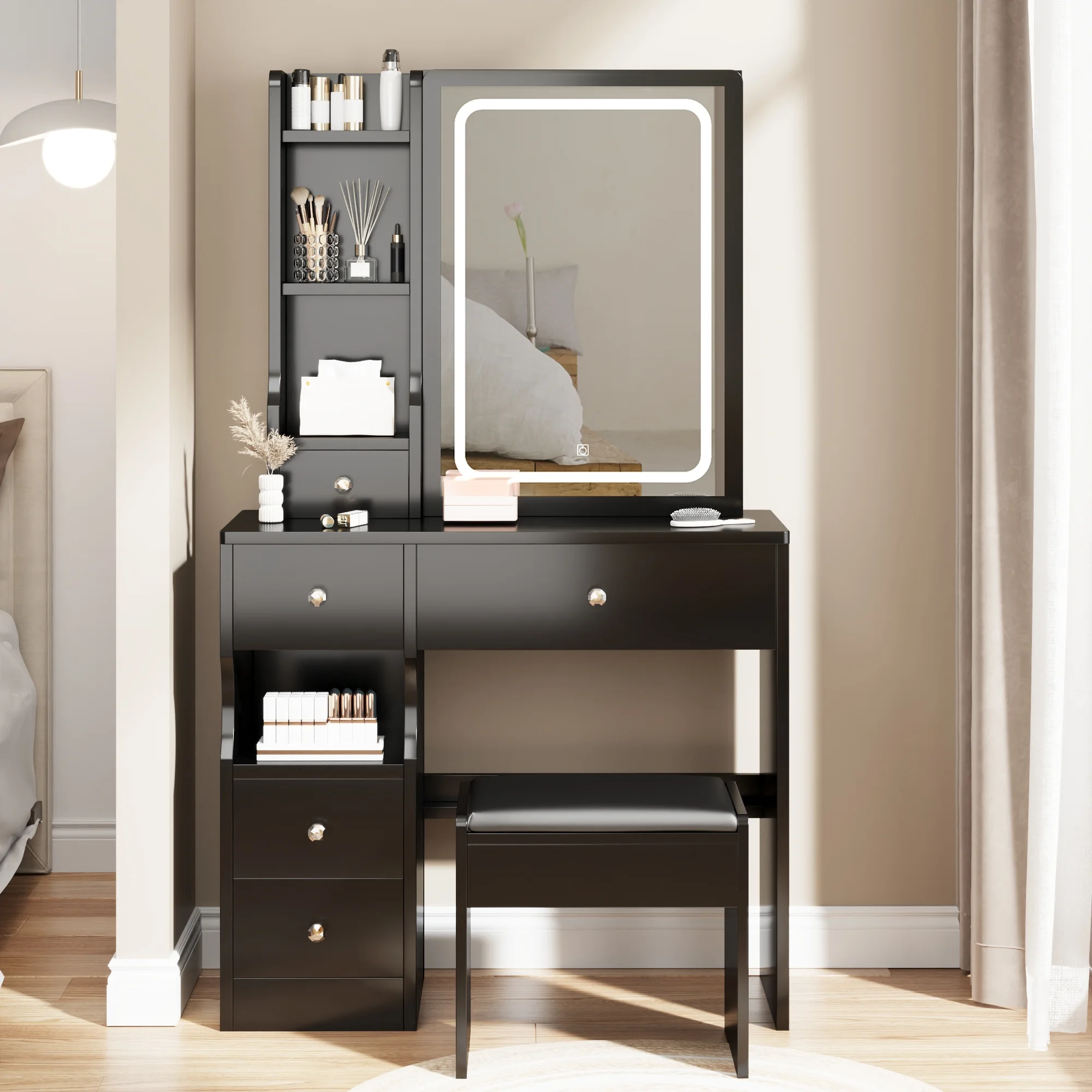 Kadyn Vanity Table with Large Sliding Lighted Mirror, Dressing Table with 2 Drawers, Storage Shelves and Upholstered Stool, White - Womvr