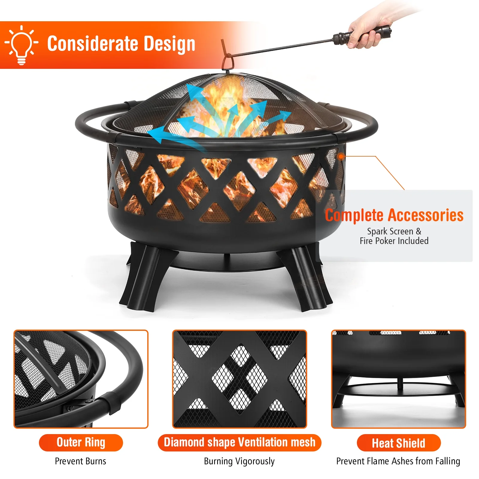 Singlyfire 30 inch Fire Pit for Outside 2 in 1 BBQ Wood Burning Fire Pit for Outdoor Camping Large Fire Pit Wood Bowl Firepit with Grate Spark Screen Log Grate - Womvr