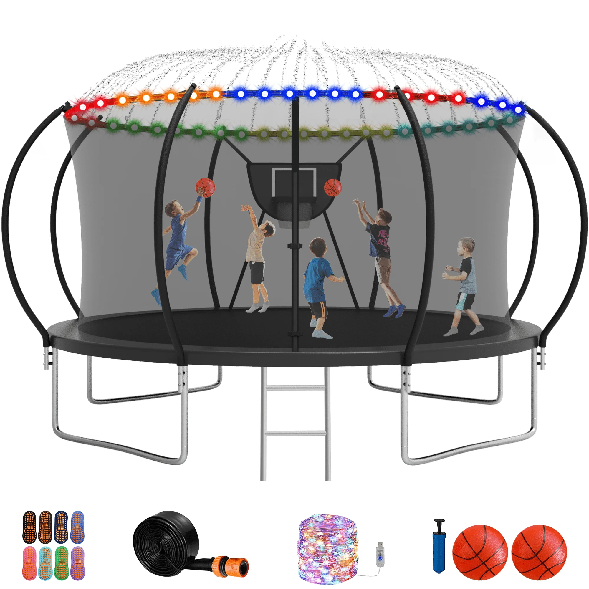 Jump Into Fun Trampoline 12FT 14FT, Trampoline with Enclosure, Basketball Hoop, 2 Balls, LED Light, Sprinkler and Socks, 1400LBS Trampoline for 1-2 Adults/ 4-5 Kids, Outdoor No Gap Design Trampoline - Womvr