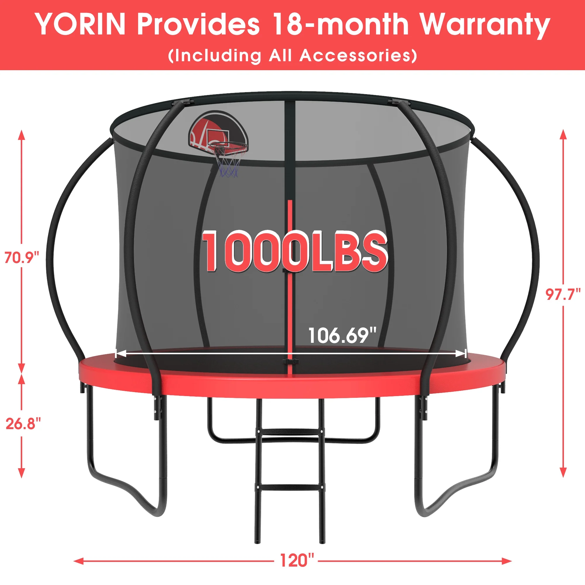 YORIN Trampoline for 2-3 Kids, 8FT 10FT Trampoline for Adults with Enclosure Net, Basketball Hoop, Ladder, 800LBS Outdoor Recreational Trampoline with Light, Sprinkler, Socks, Heavy Duty Trampoline - Womvr