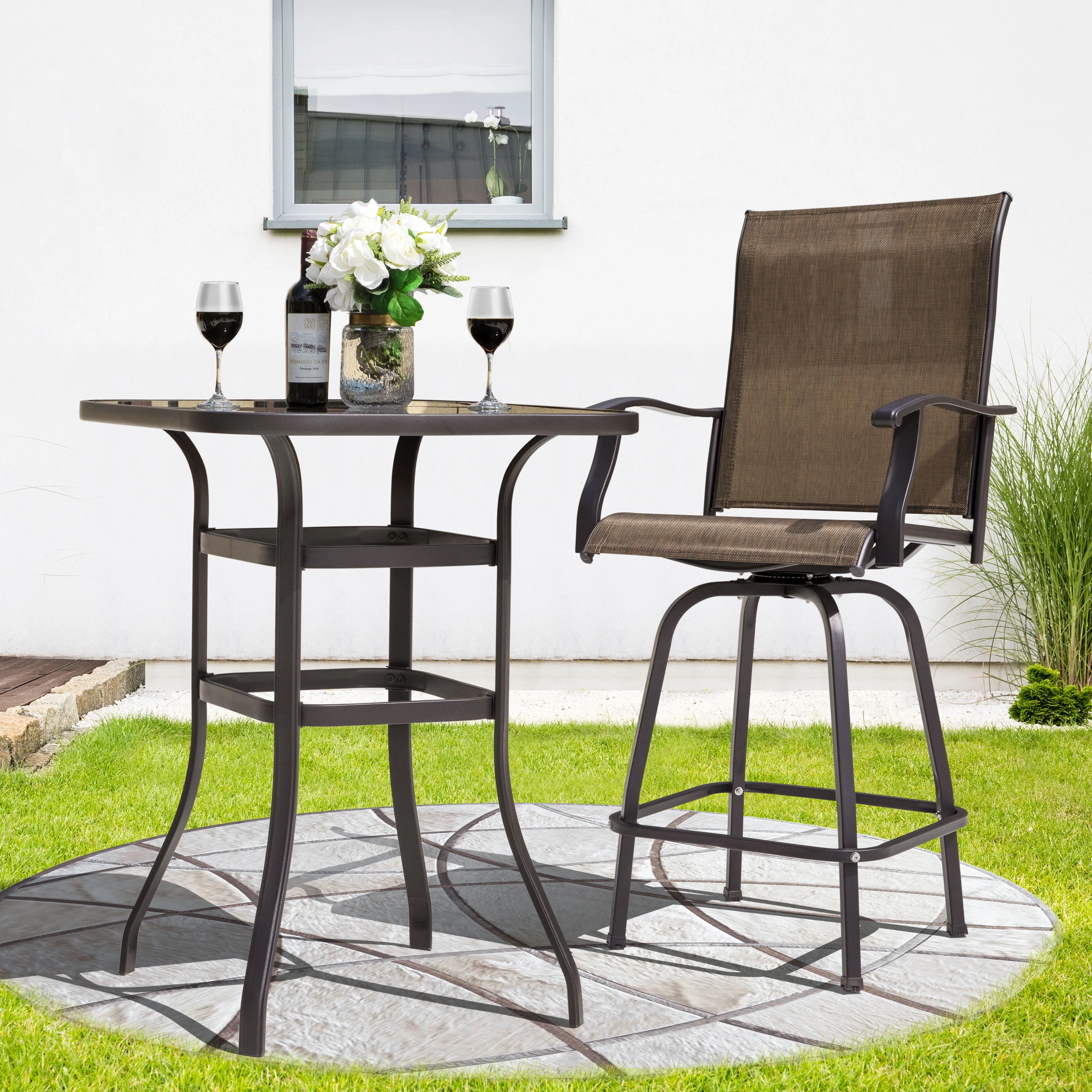 Nuu Garden 5 Piece Patio Bistro Set, High Bistro Sets with Tempered Glass Table, All-Weather Textilene Outdoor Bar Stools Set, Lawn, Backyard, Brown - Womvr