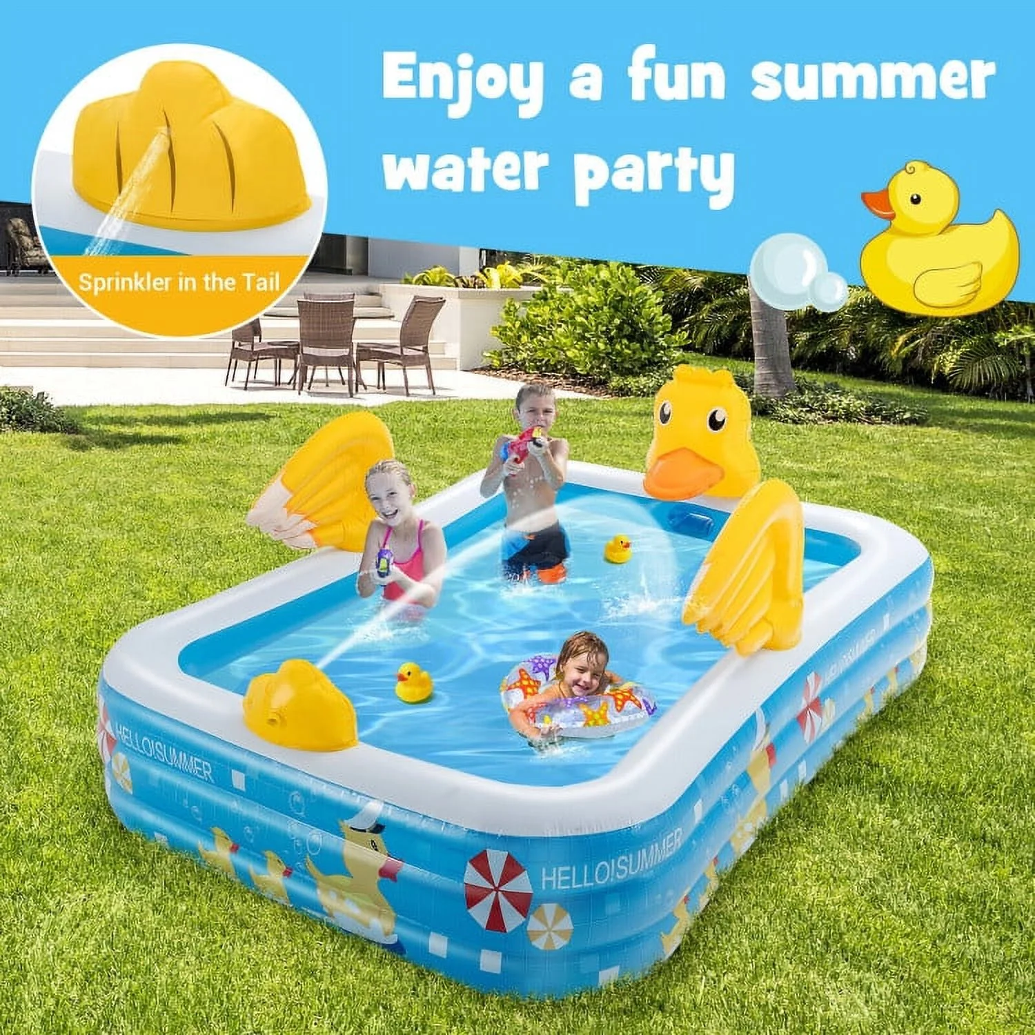 Inflatable Swimming Pool Duck Themed Kiddie Pools with Sprinkler for Age Over 3-Blue - Womvr
