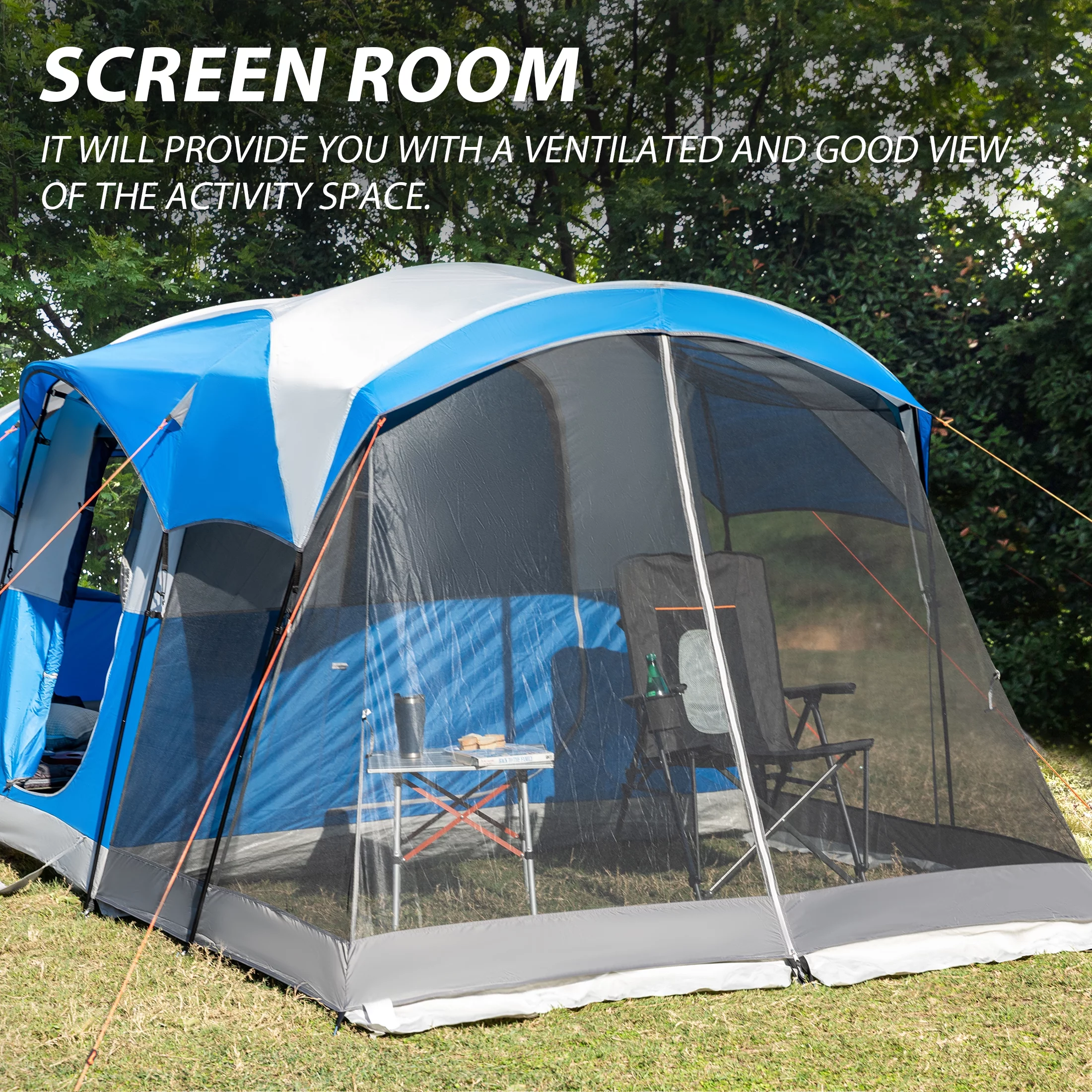 PORTAL 8 Person Family Camping Tent with Screen Porch, Portable Cabin Tent with Rainfly, 20ft * 8ft * 74in, Blue - Womvr