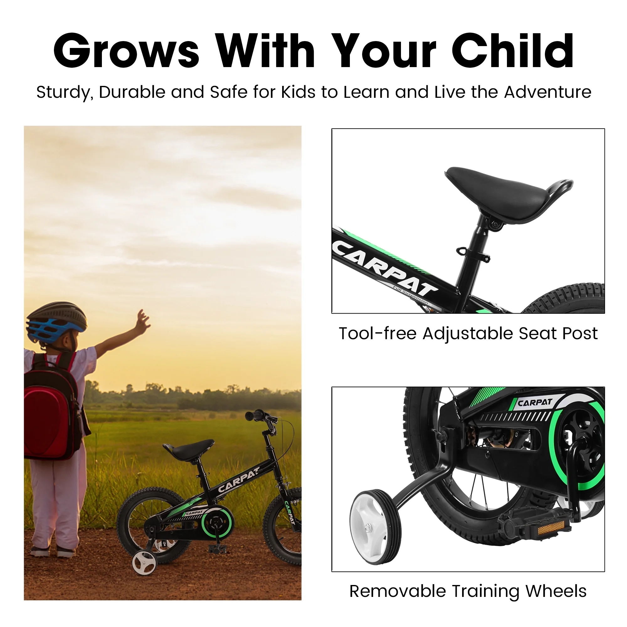 14 Inch Boys Bike with Training Wheels, Kids Bike for Boys, Black - Womvr