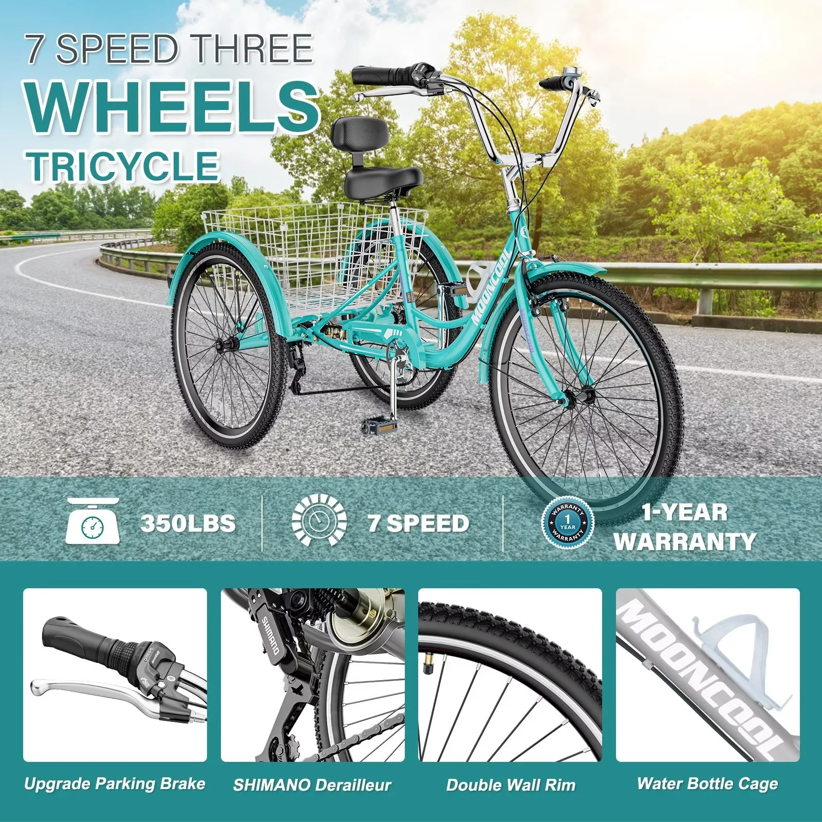 MOPHOTO 7 Speed Adult Tricycle 26 in/24in/20in, Trikes for Adults, Adult Tricycle with Basket & Dual Braking System, Adult Trikes for Women, Men, 3 Wheeled Bicycle for Shopping, Picnics Exercise - Womvr