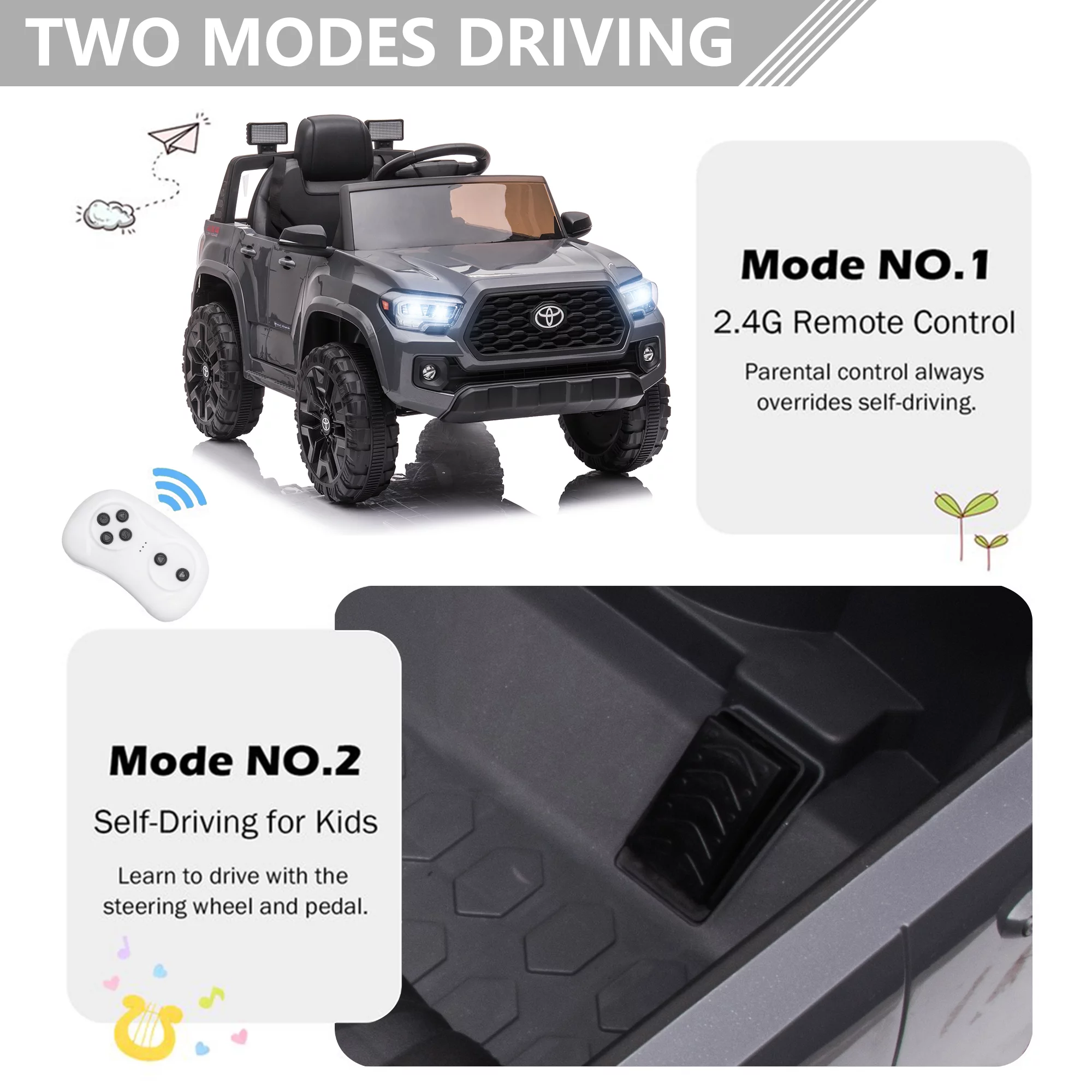 Licensed Toyota Tacoma Electric Ride on Vehicle for Kids, 12V Powered Ride on Car Toys with Remote Control, LED Lights, MP3 Player, Gray - Womvr