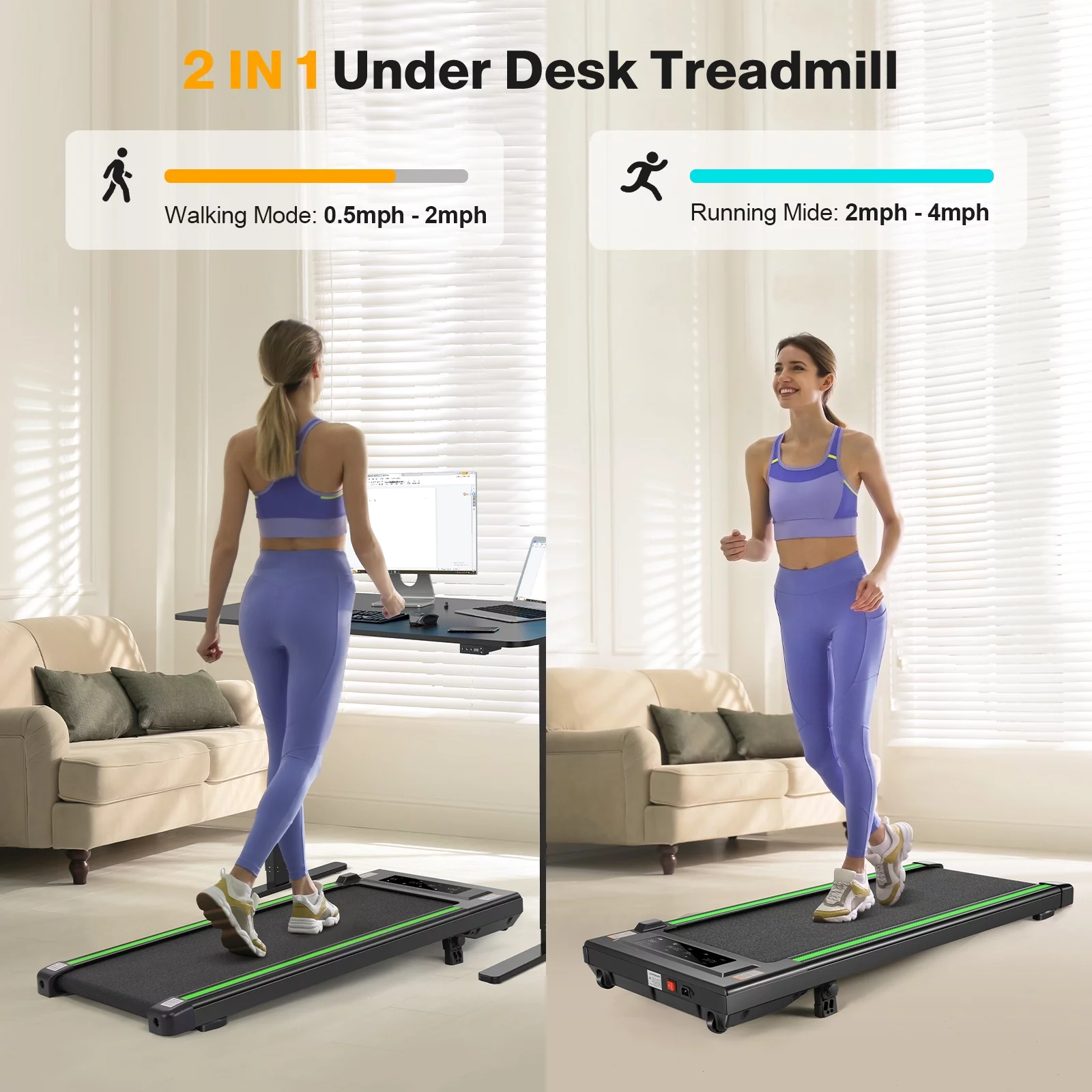 Tikmboex 2.5HP Walking Pad Under Desk Treadmill with LED Touch Screen Remote Control, 2 in 1 Treadmills for Home Office, Black - Womvr