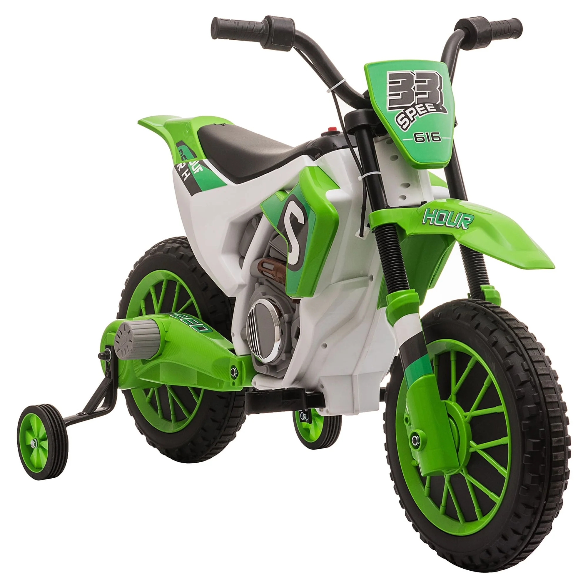 Aosom 12V Kids Motorcycle Dirt Bike Electric Battery-Powered Ride-On Toy Off-road Street Bike with Charging Battery, Training Wheels Green - Womvr
