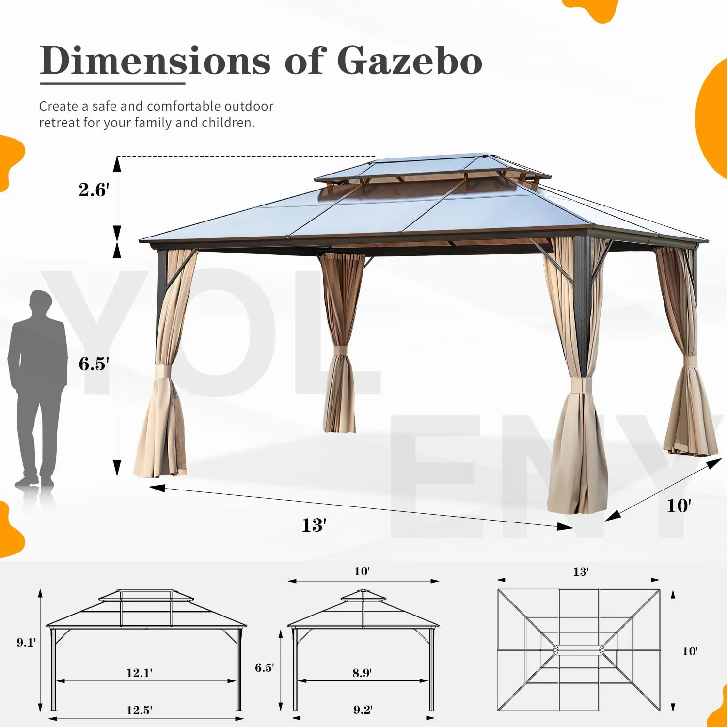 Erommy 10'x13' Hardtop Gazebo with Polycarbonate Double Roof and Aluminum Frame for Garden, Patio, Lawns - Womvr