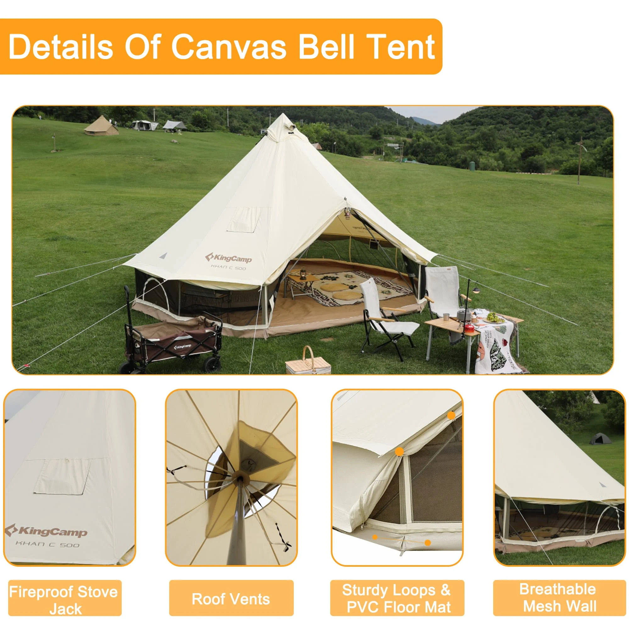 KingCamp Khan Canvas Bell Tent for Camping, 4 Seasons 16.4FT Canvas Yurt Tent with Stove Jack Hole, 8-People Luxury Glamping Tent for Family Camping Outdoor Hunting Party, White - Womvr