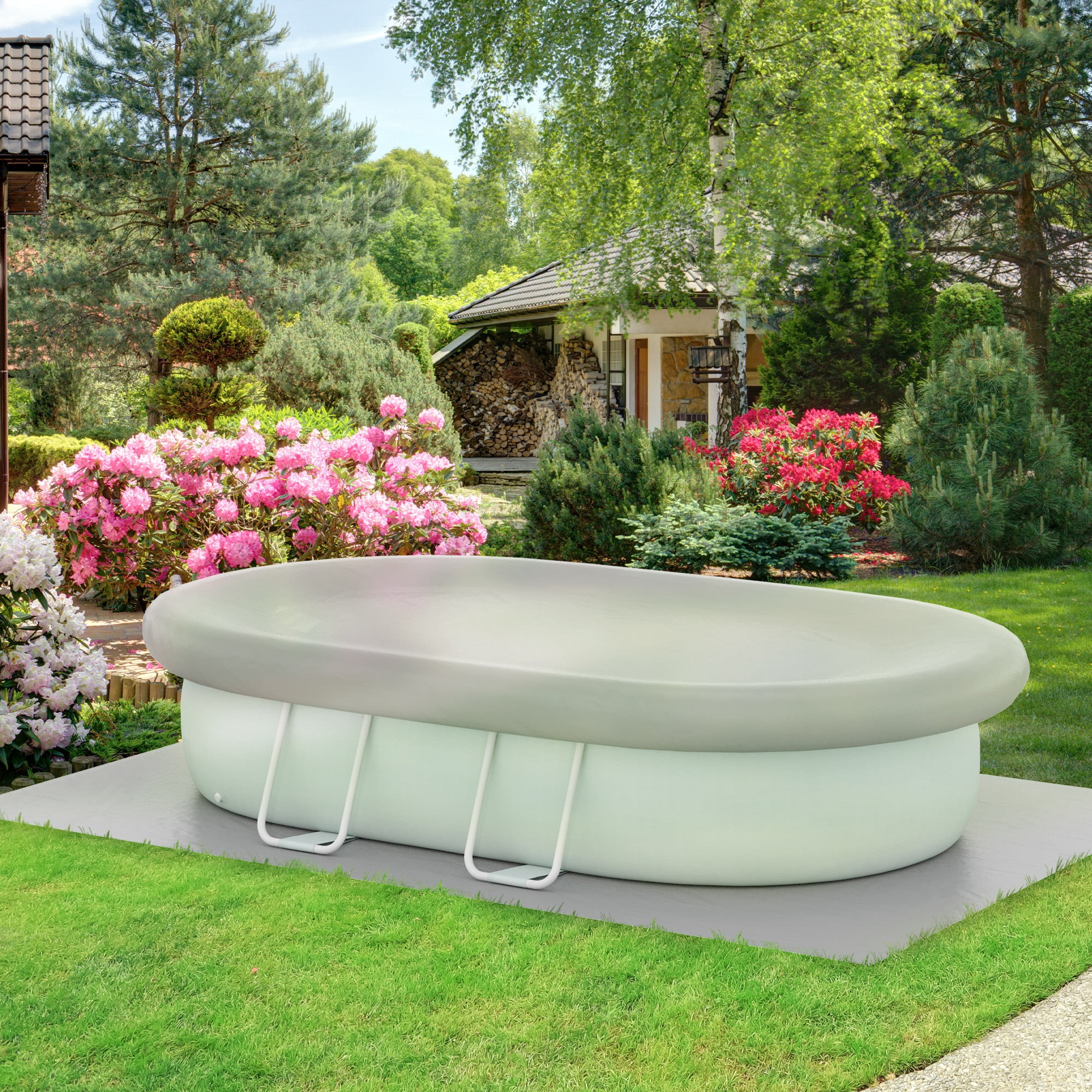 Outsunny Above Ground Swimming Pool, Semi-Inflatable Frame Pool, Brown - Womvr