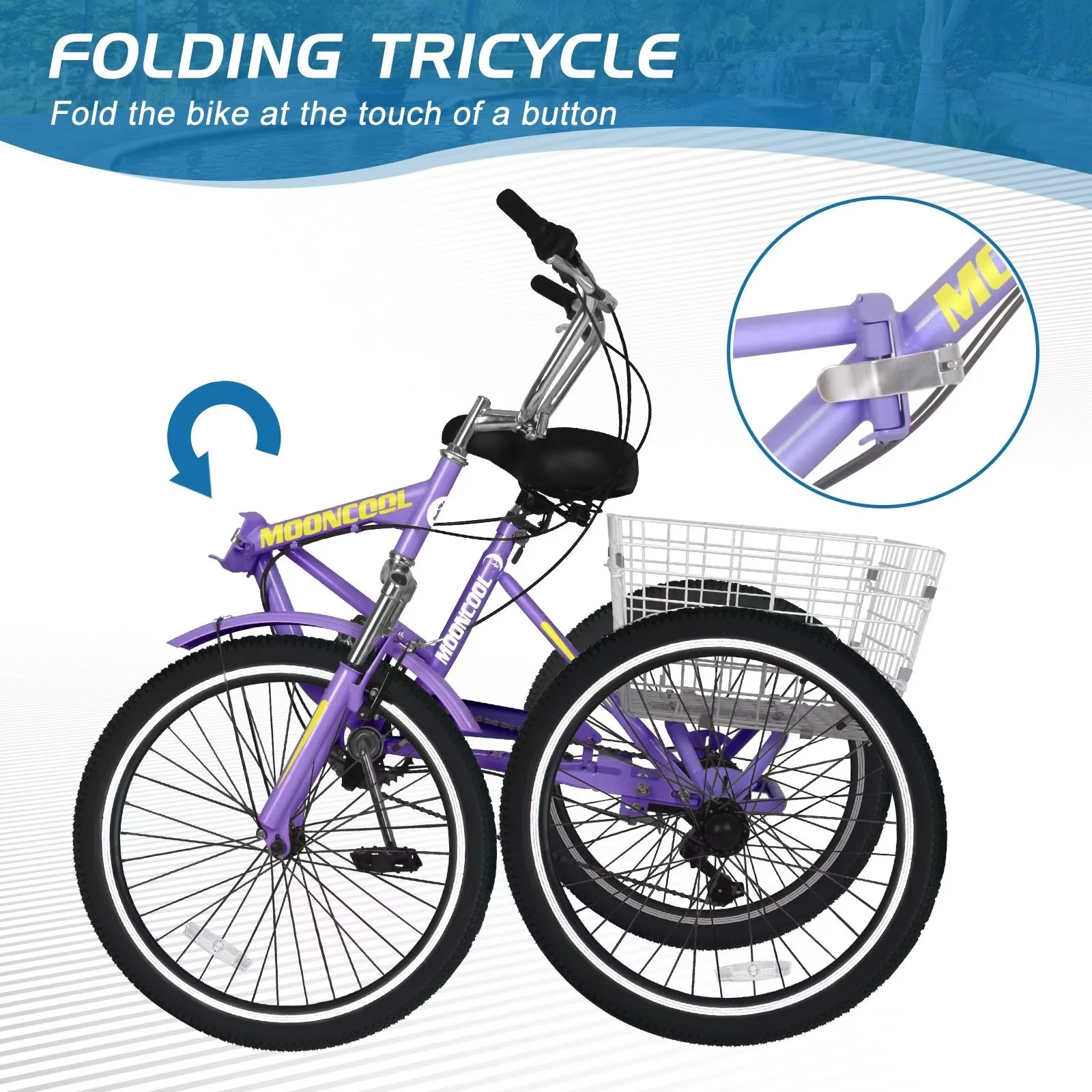 MOPHOTO 20/24/26 inch Adult Tricycle Folding 3 Wheel Cruiser Bikes 7 Speed, Portable and Foldable Trikes with Cargo Basket for Men & Women Outdoor Cycling, Purple - Womvr