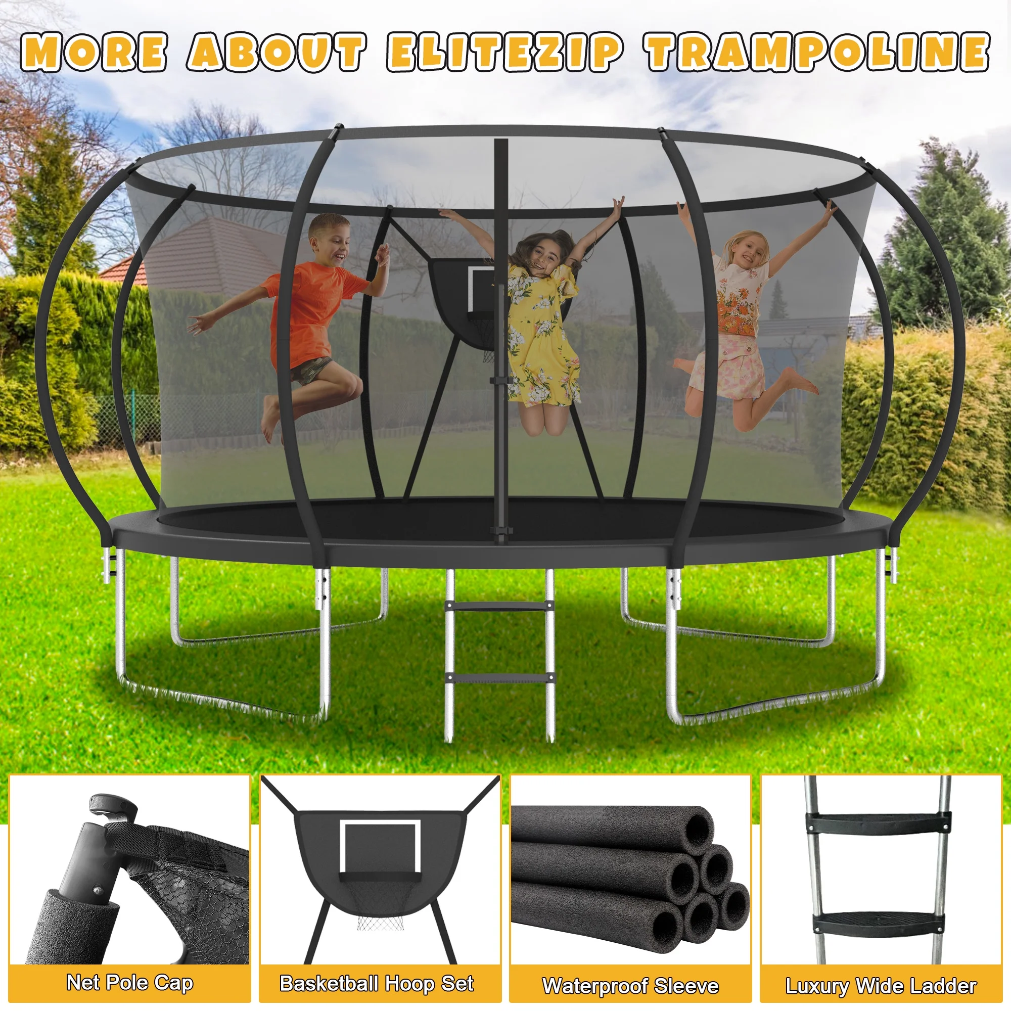 Elitezip Trampoline 12FT Trampoline for Kids and Adults, 1500LBS Heavy Duty Trampoline with Enclosure and Basketball Hoop, Outdoor Trampoline Easy Assembly - Womvr