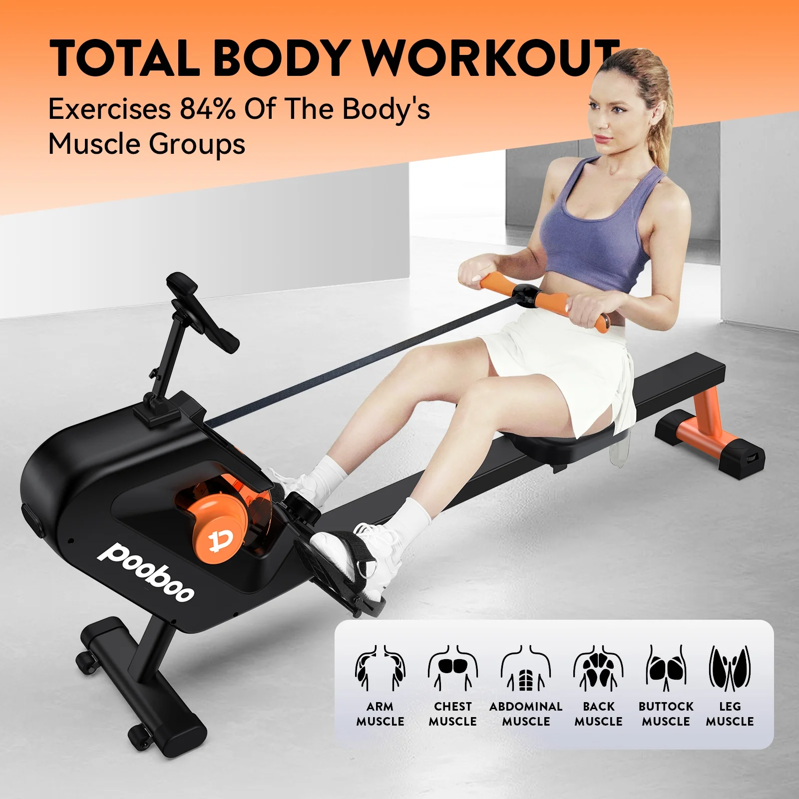 Pooboo 85% Pre-assembled Magnetic Rowing Machines Rower Foldable Build-in Bluetooth 8 Level Resistance Indoor Rower Machines Home Exercise 350lb - Womvr