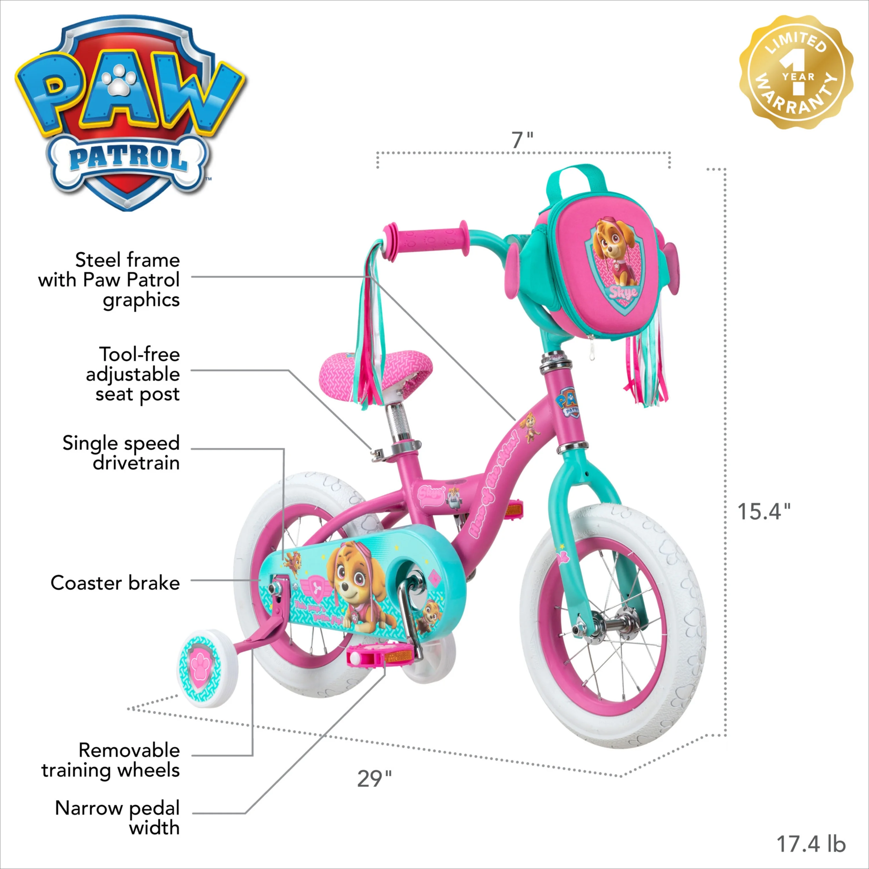 Paw Patrol Skye Sidewalk Bike, 12 In. Wheels, Ages 2 to 4, Pink - Womvr