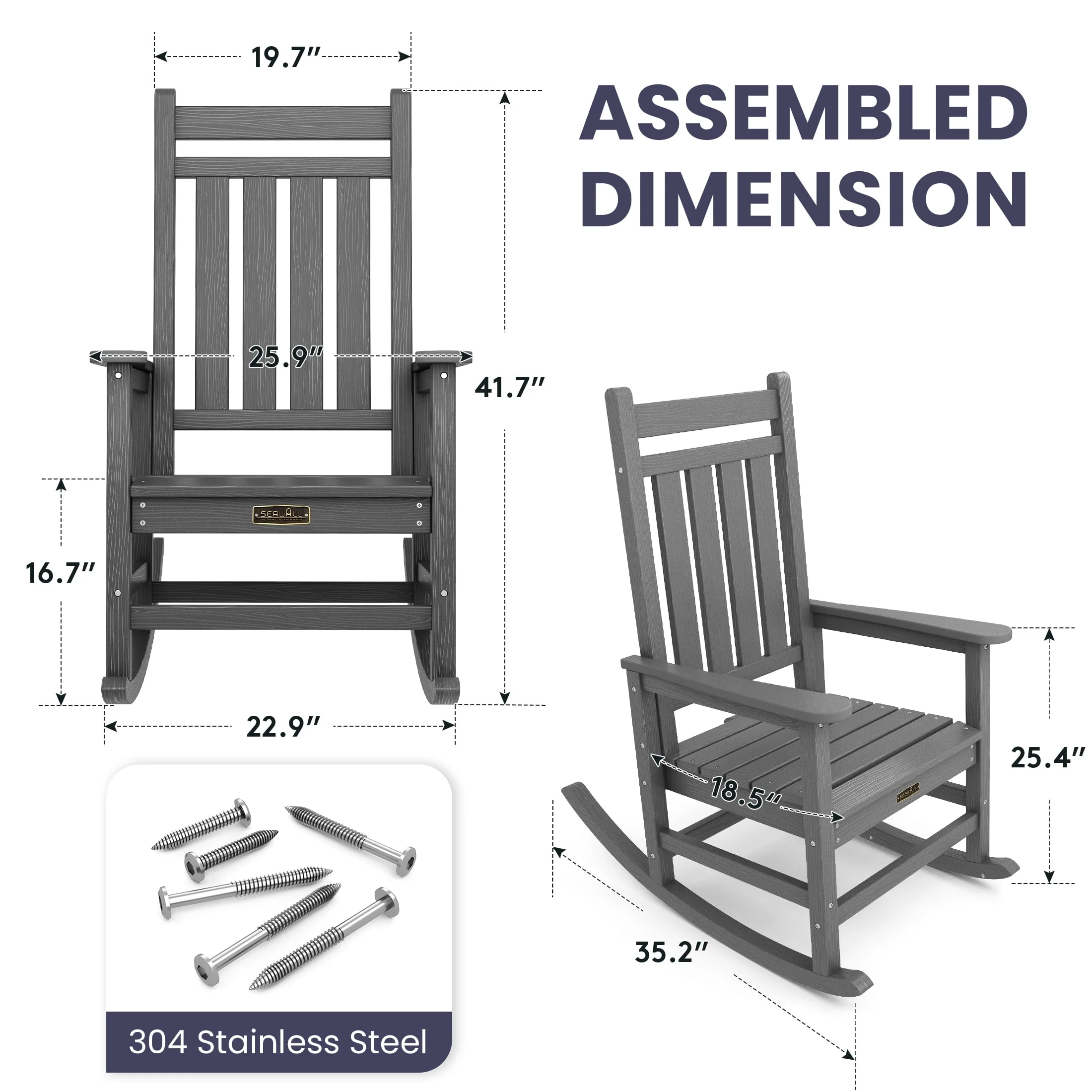 SERWALL Outdoor Oversized Slat Rocking Chair, HDPE Plastic Porch Rocker, Gray - Womvr