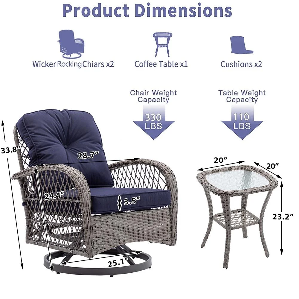 3 Piece Outdoor Bistro Swivel Chairs Set, Patio Bistro Set w/ 360° Swivel Rocking Chairs & Table, All-Weather Conversation Set with Metal Frame for Patio Backyard Porches or Garden - Khaki - Womvr