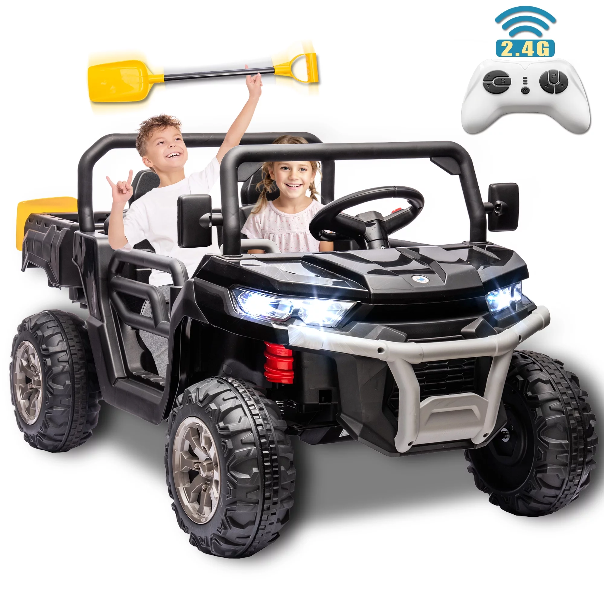 24V 2 Seater Kids Ride on Car Truck, Ride on UTV with 2x200W Motor Ride on Dump Truck, Ride on Car with Dump Bed/Shovel, Electric Vehicle with Non-Slip Tyre, LED Light, Music, Remote Control, Red - Womvr