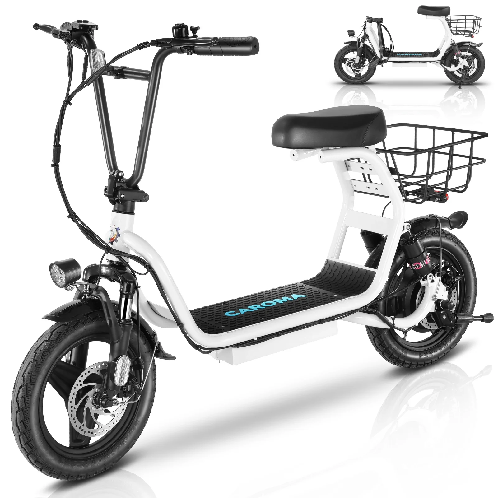Caroma 500W Electric Scooter with Seat for Adult, 14 inch Commuter Electric Scooter with Dual Shock Absorbers and Basket - Up to 25 Miles 20 MPH, Silver - Womvr