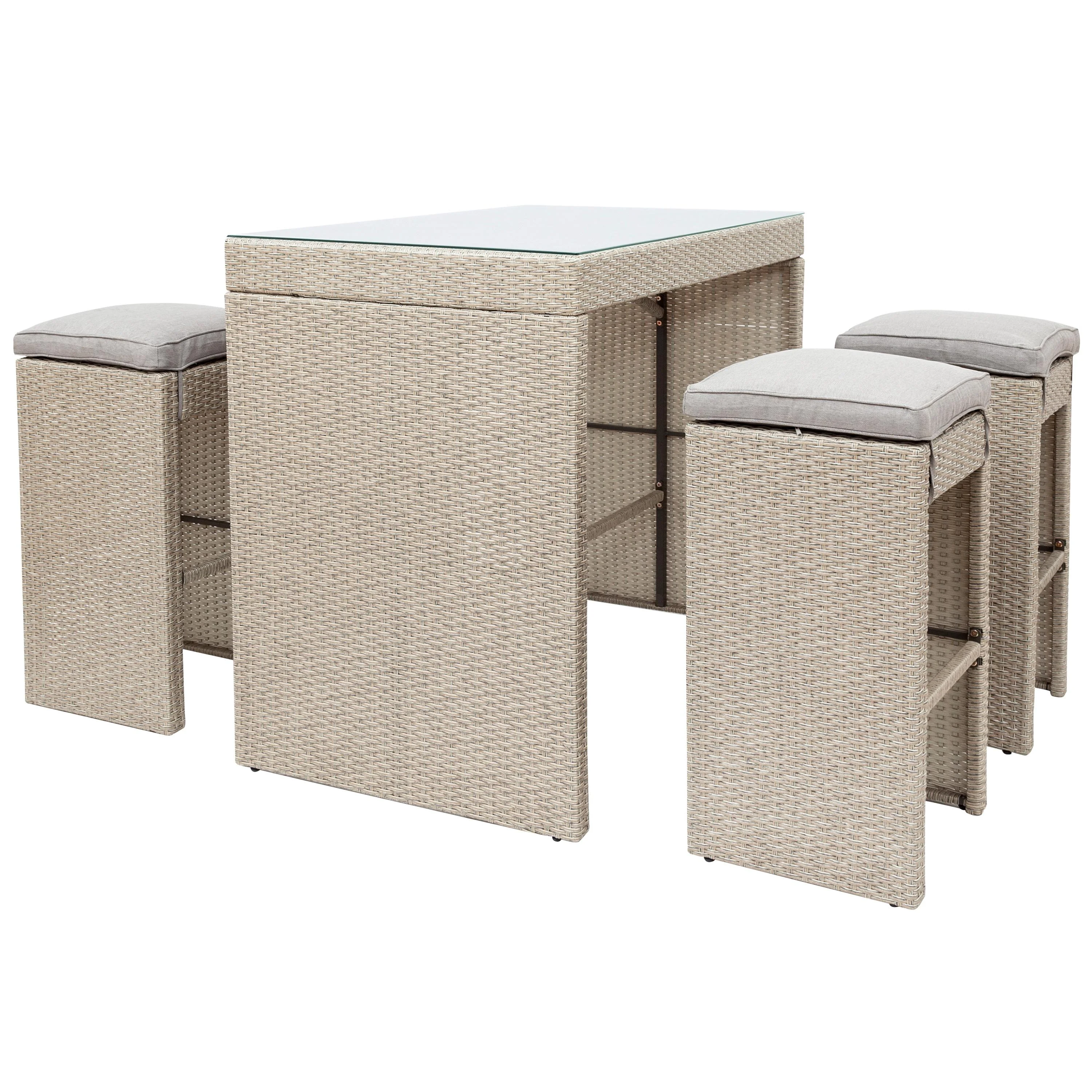 SESSLIFE 5 Piece Outdoor Rattan Dining Set with Storage Shelf, Patio Bar Table and 4 Stools Set, Modern Gray Wicker Outdoor Furniture Sets - Womvr
