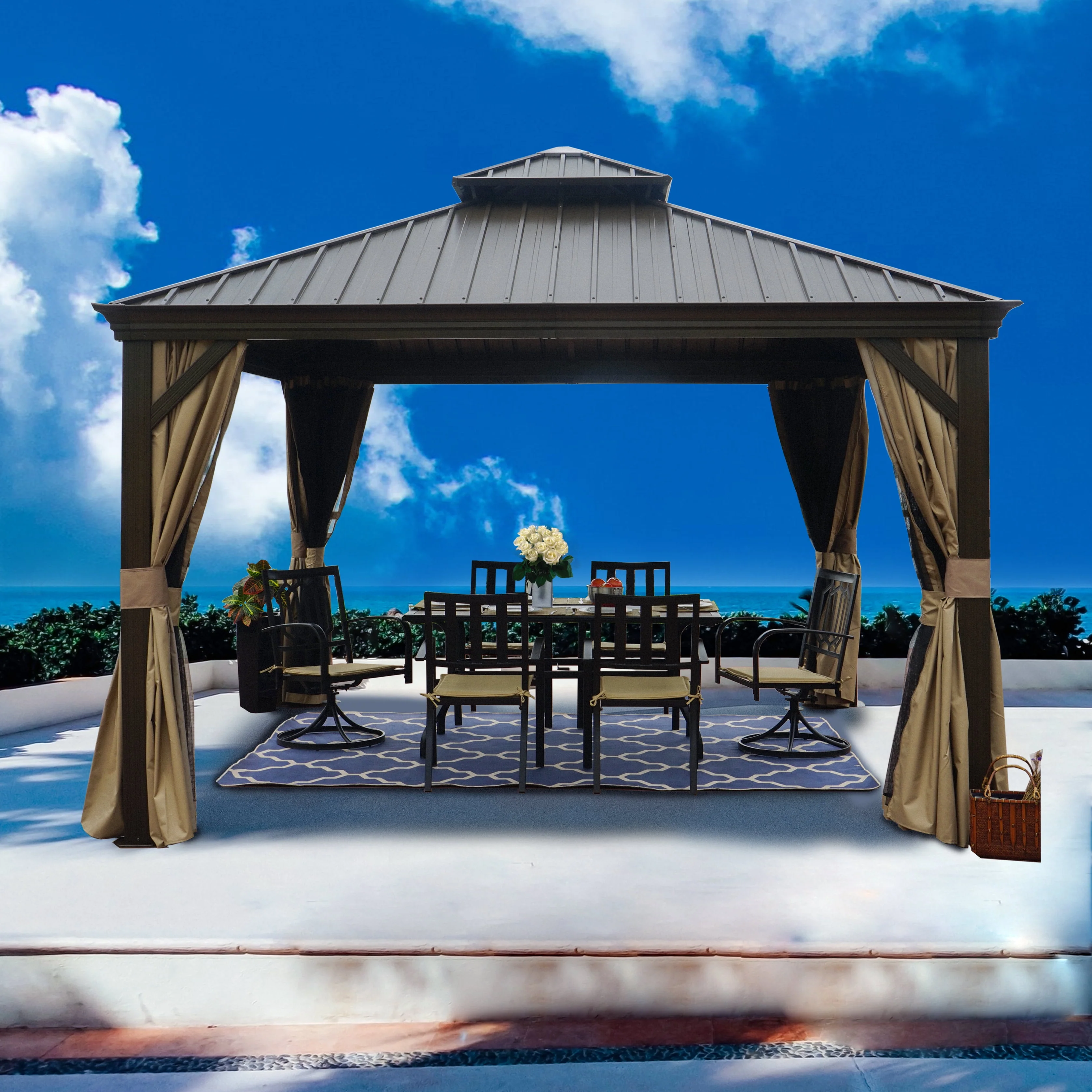 Kozyard Alexander Hardtop 12 ft. W x 10 ft. D Aluminum Hardtop Gazebo (Brown) - Womvr