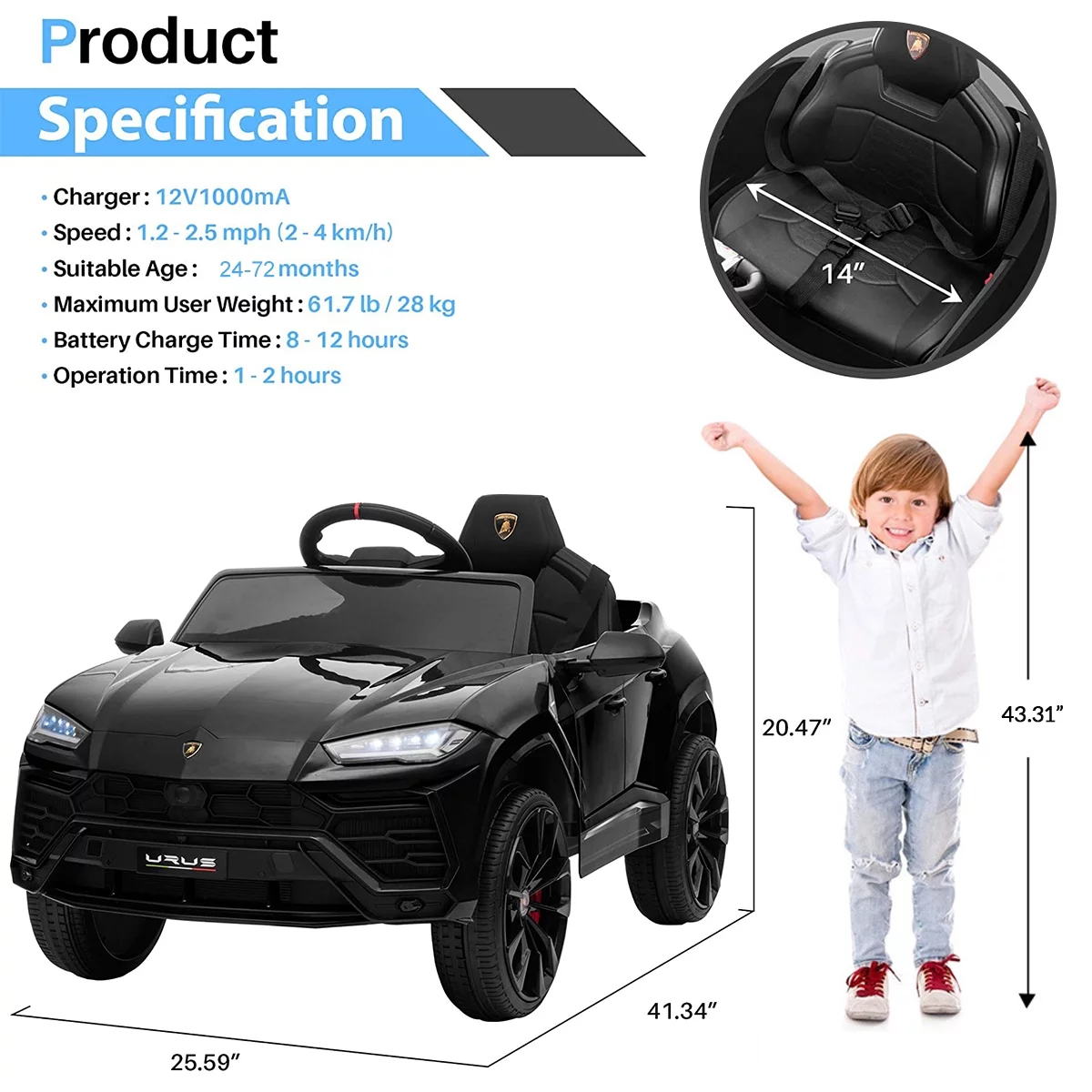 FUNTOK Lamborghini Urus 12V Electric Powered Ride on Car for Kids, with Remote Control, Foot Pedal, MP3 Player and LED Headlights - Womvr