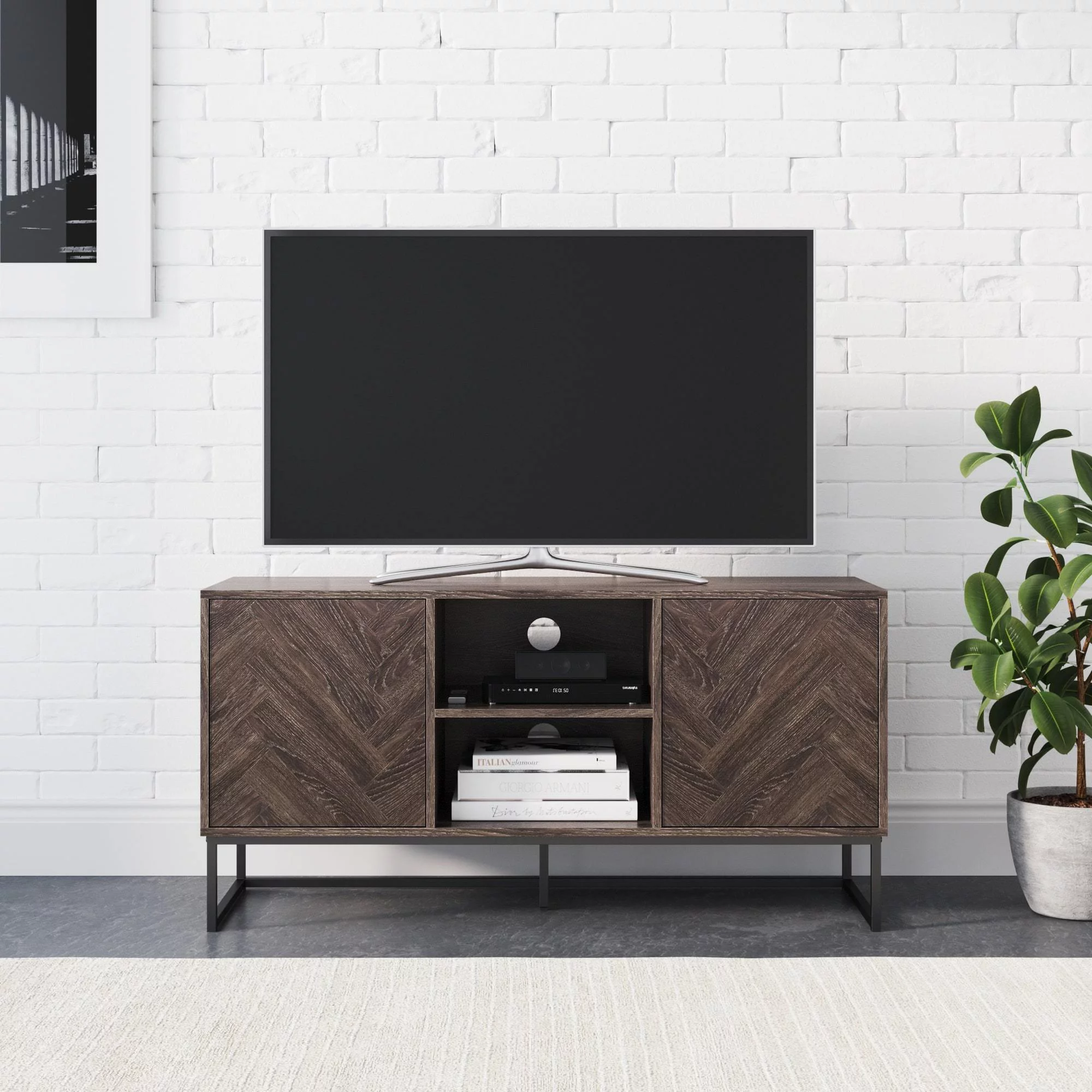 Nathan James Dylan Media Console Cabinet TV Stand with Hidden Storage Herringbone Pattern Wood Metal, Gray/Black - Womvr