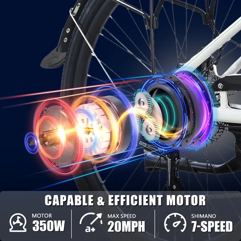 Totem Skyline Electric Bike for Adults, 26” Ebike 350W Powerful Motor, 36V 10.4Ah Removable Battery Electric Cruiser Bike, Shimano 7-SPEED Gears, Electric City Commuter Bike, White - Womvr