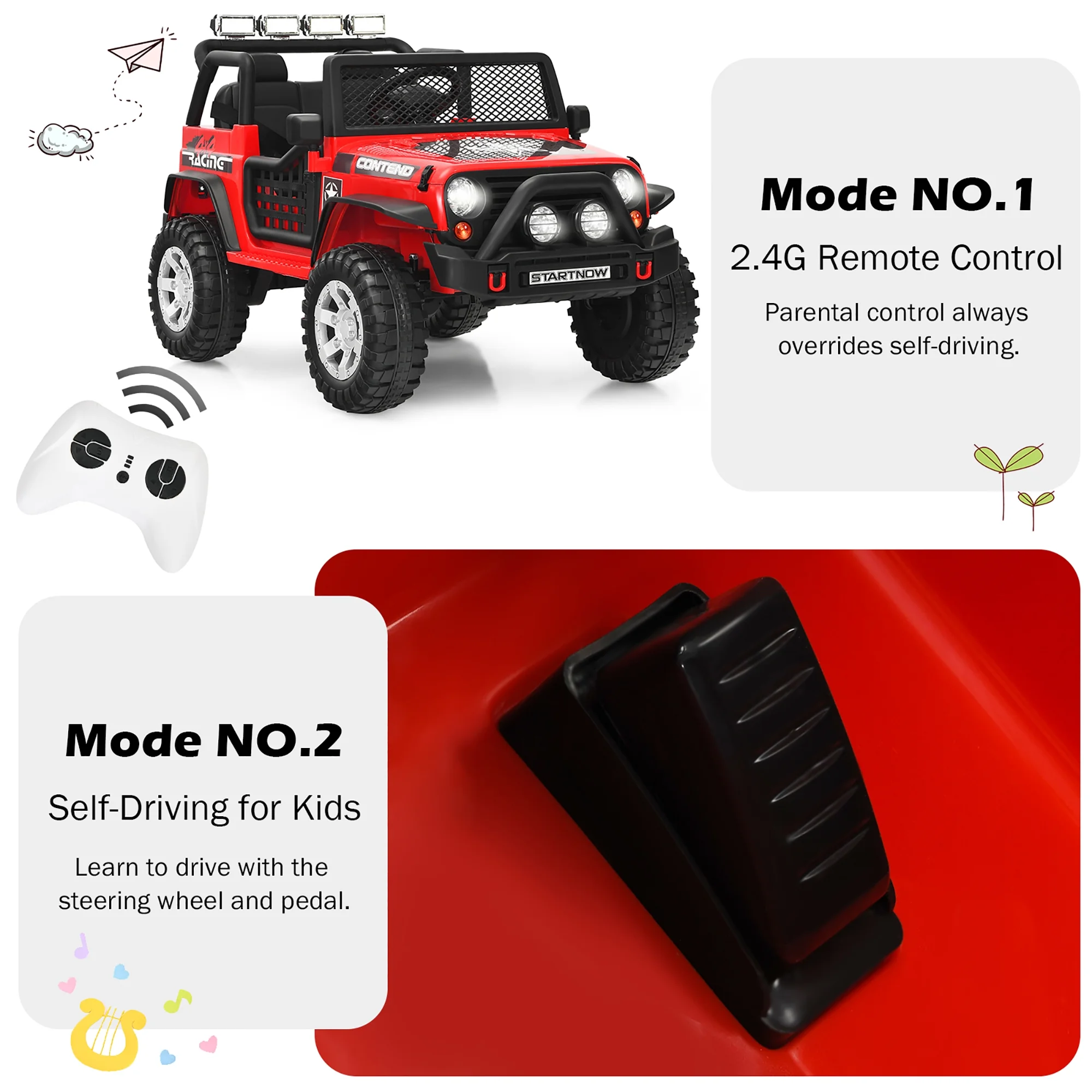 Costway 12V Kids Ride On Truck Remote Control Electric Car with Lights&Music Red - Womvr