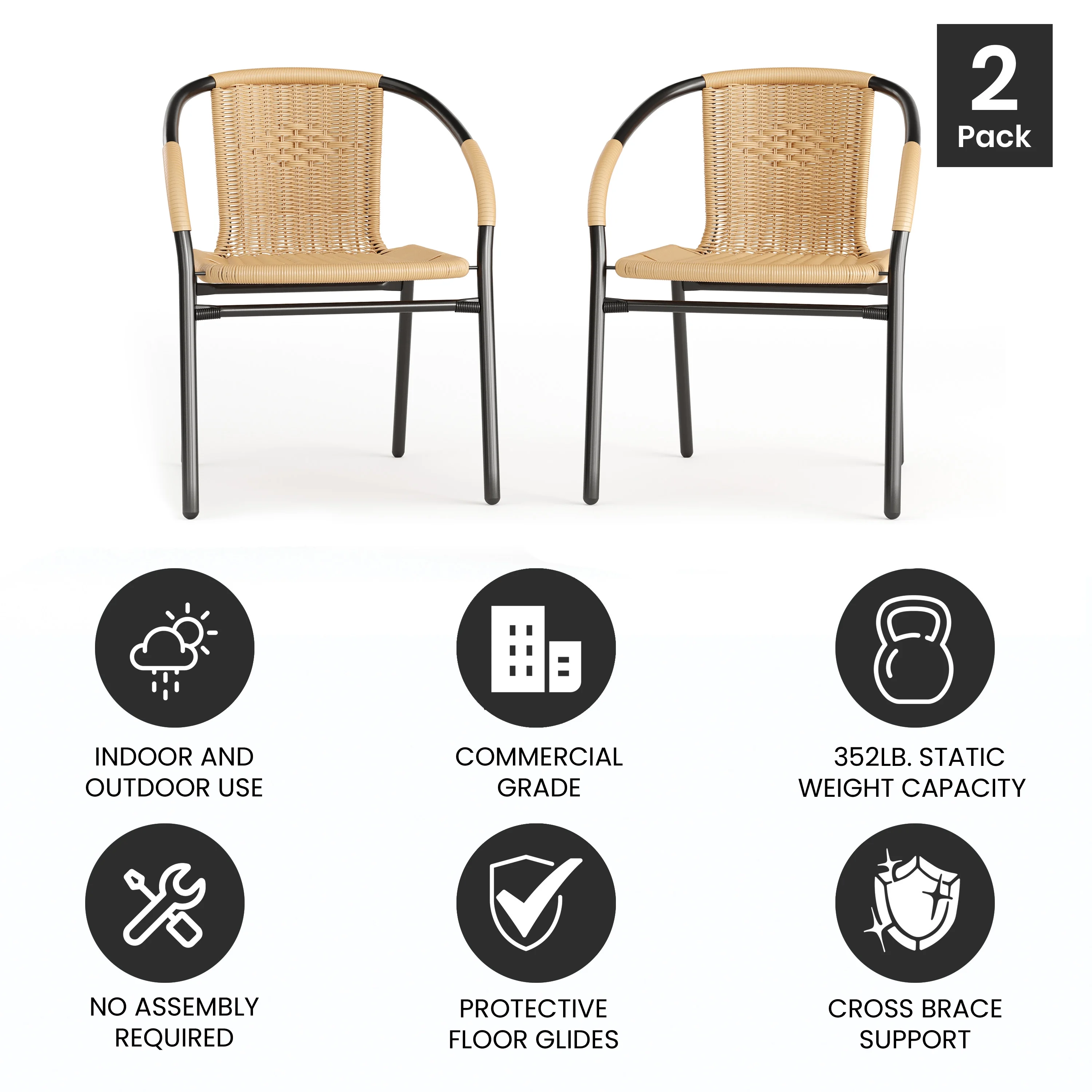 Emma + Oliver 2 Pack Gray Rattan Indoor-Outdoor Restaurant Stack Chair with Curved Back - Womvr