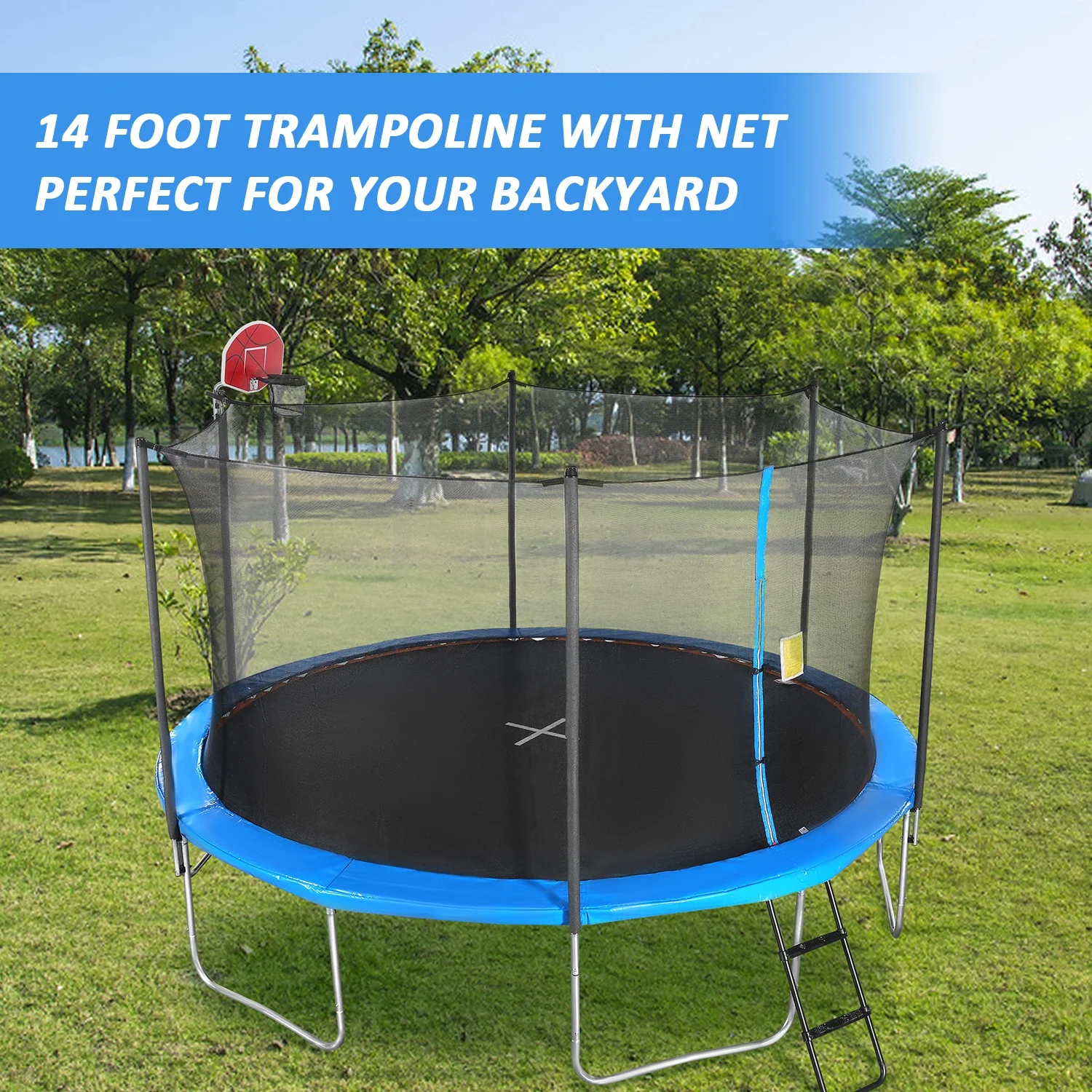 Trampoline for Kids, 14ft Trampoline with Basketball Hoop, Kids Trampoline for Ourdoor with Ladder, W-Shaped Leg for More Sturdy,  72 pcs Springs - Womvr