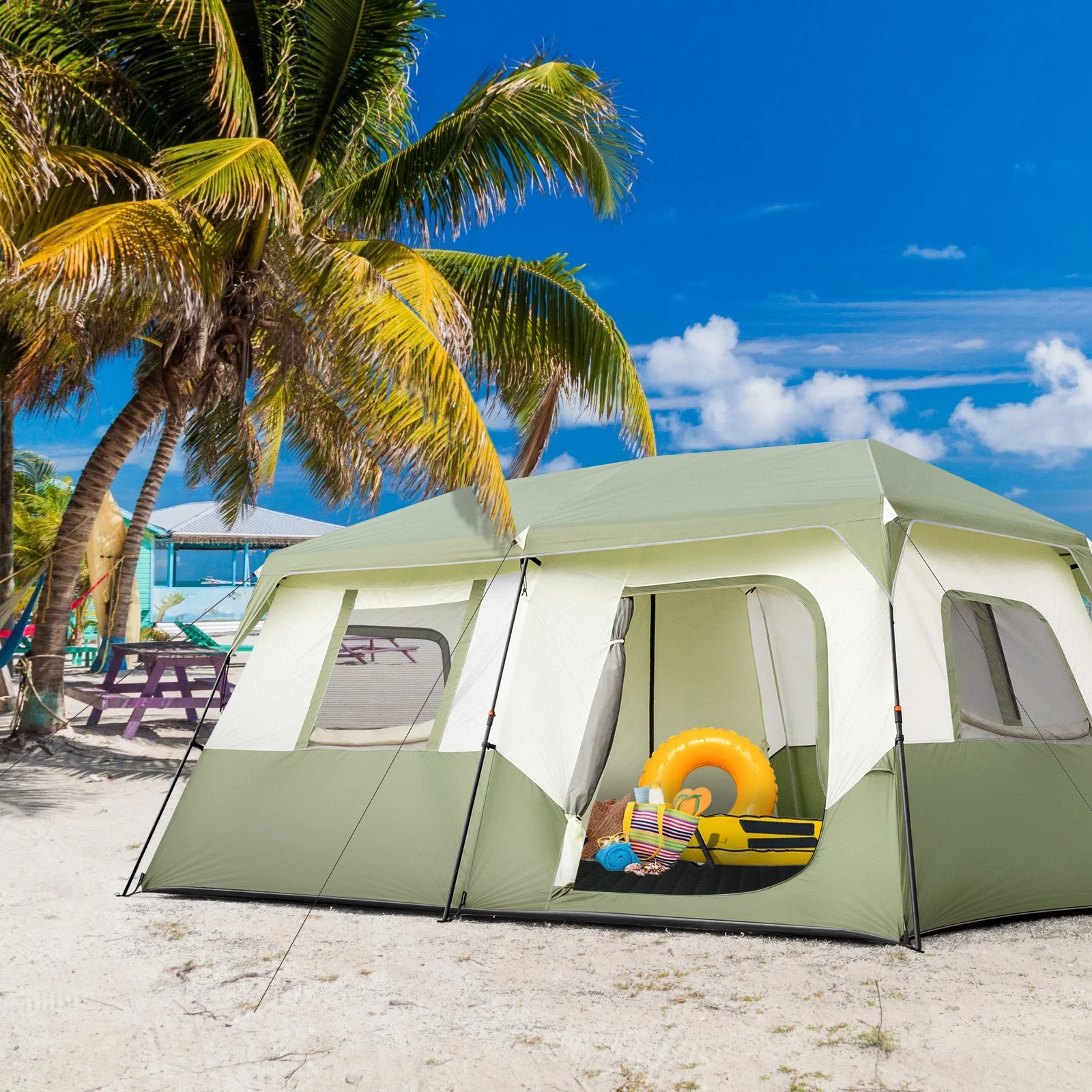 Zimtown Family Camping Tents 10 People Three Rooms Polyester Cloth Fiberglass Poles Dark Gray - Womvr