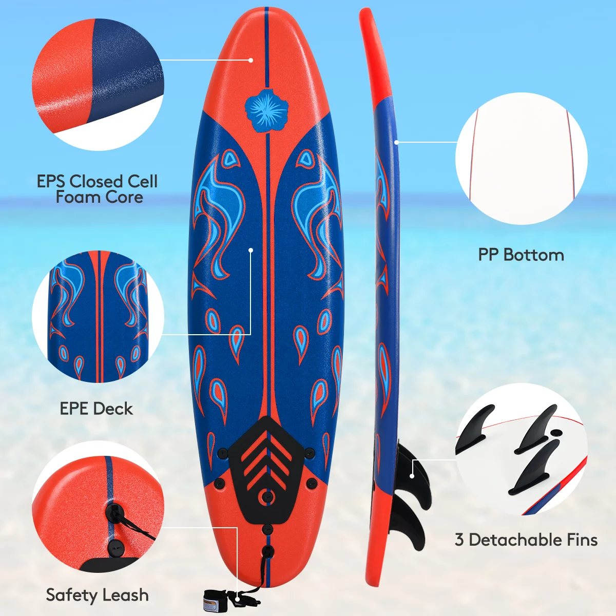Topbuy 6' Surfboard Inflation-free Long Surfing Board with Safety Leash White - Womvr