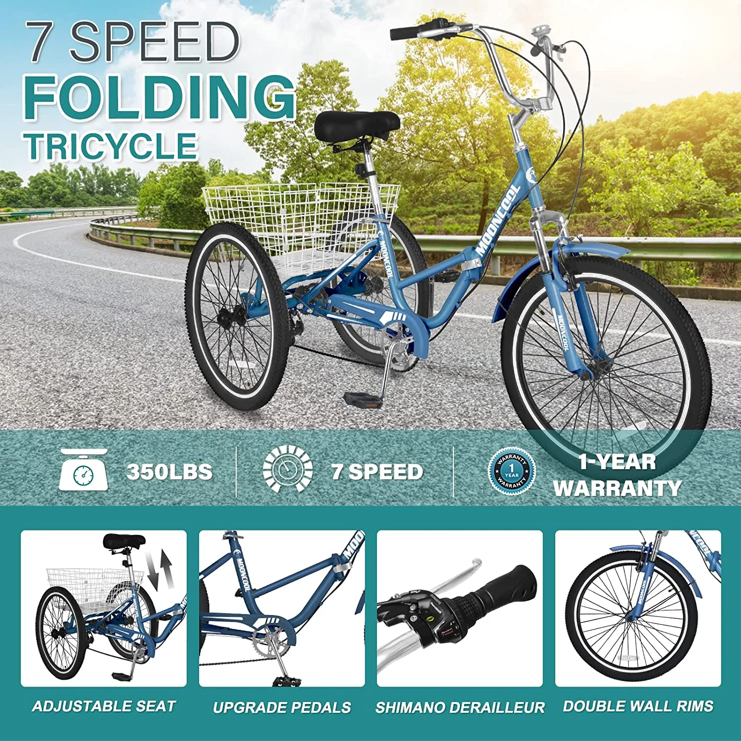 MOONCOOL Adult Folding Tricycle, 7 Speed 20/24/26 inch Adult Tricycles, Three Wheel Bike Cruiser Trike with Large Basket - Womvr