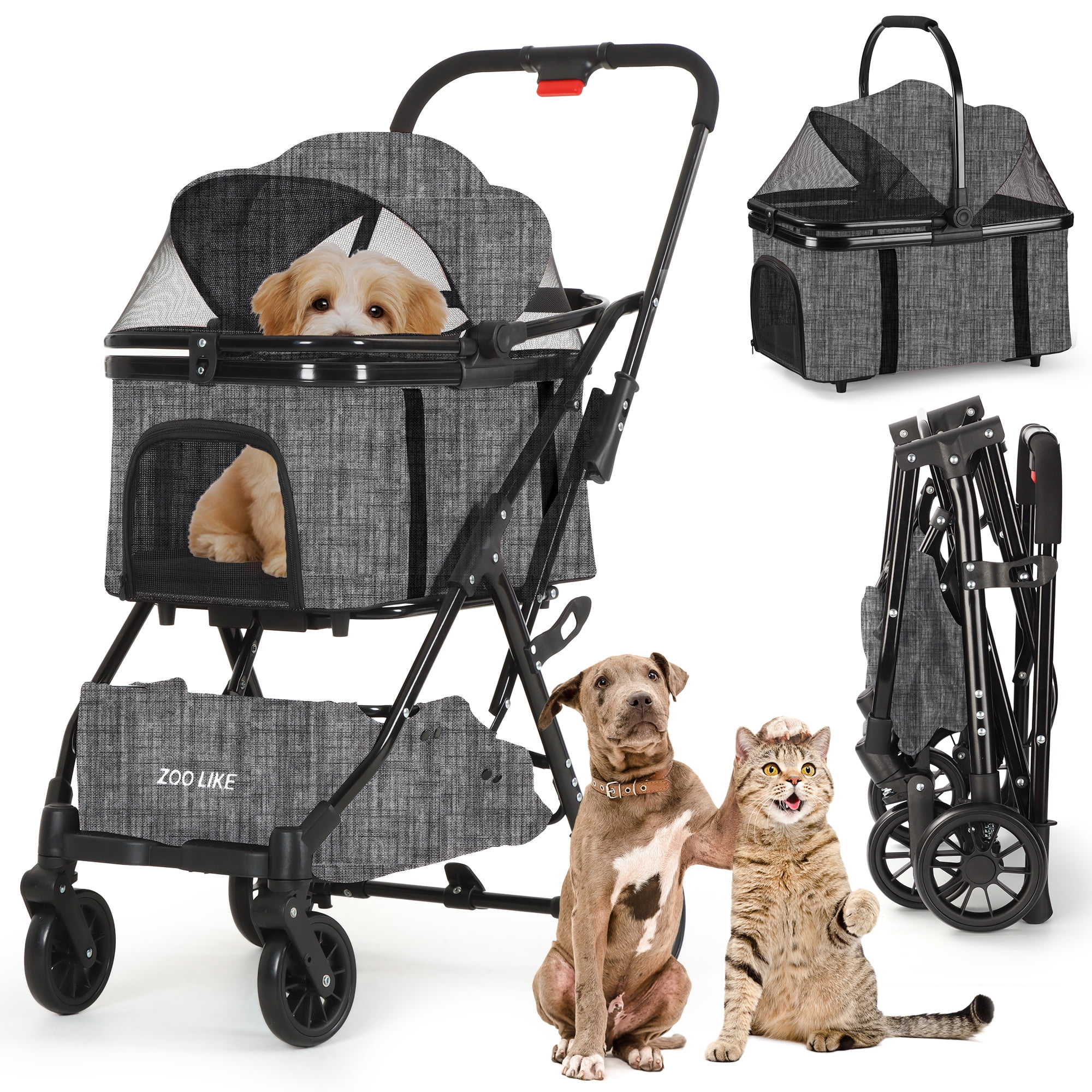 Zoolike Pet Stroller, Dog Cat Stroller 3-in-1 Detachable Doggy Stroller for Small Medium Dogs 4 Wheel Dog Travel Jogger Cart Cat Walker Foldable Wagons for Doggy Rabbit Puppy, Gray - Womvr